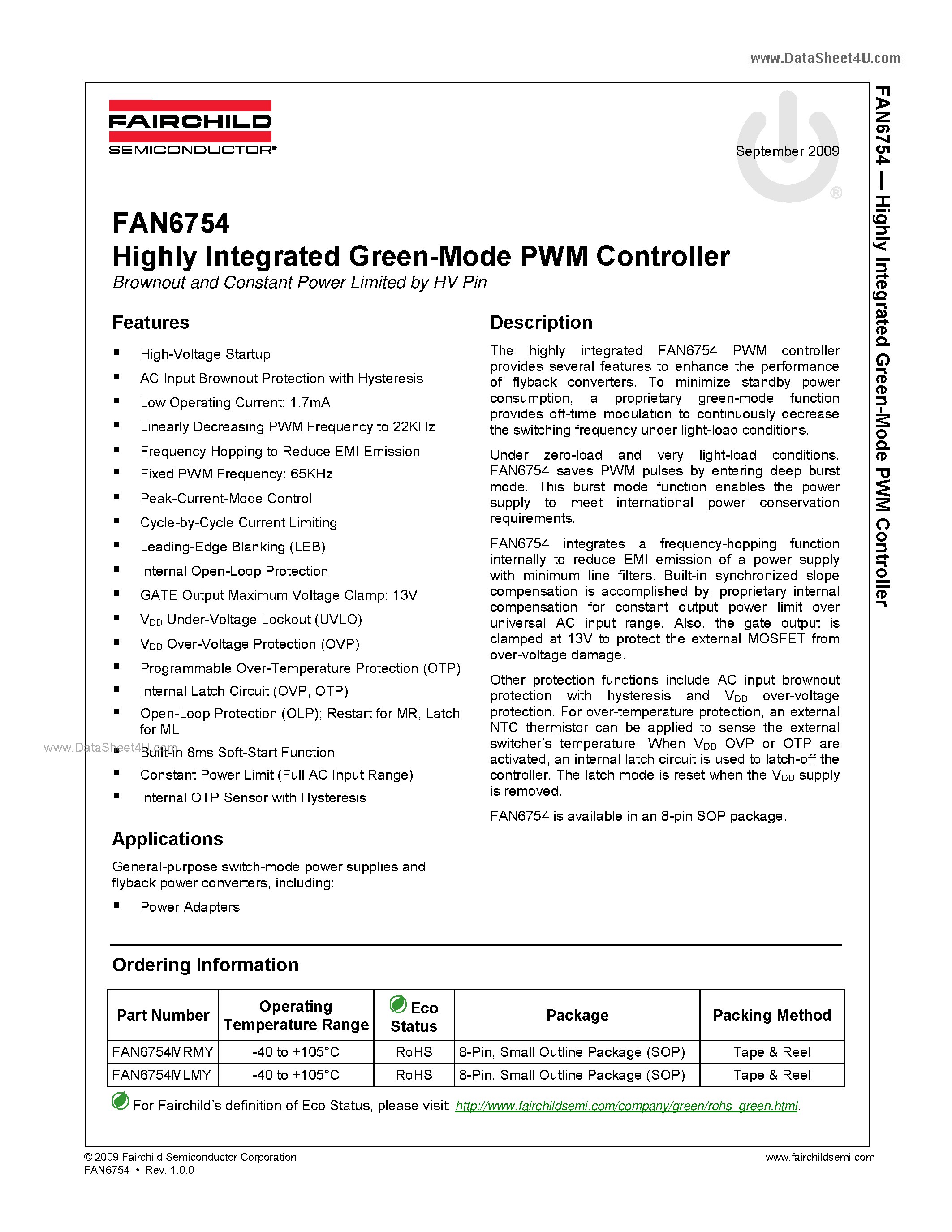 Даташит FAN6754 - Highly Integrated Green-Mode PWM Controller страница 1