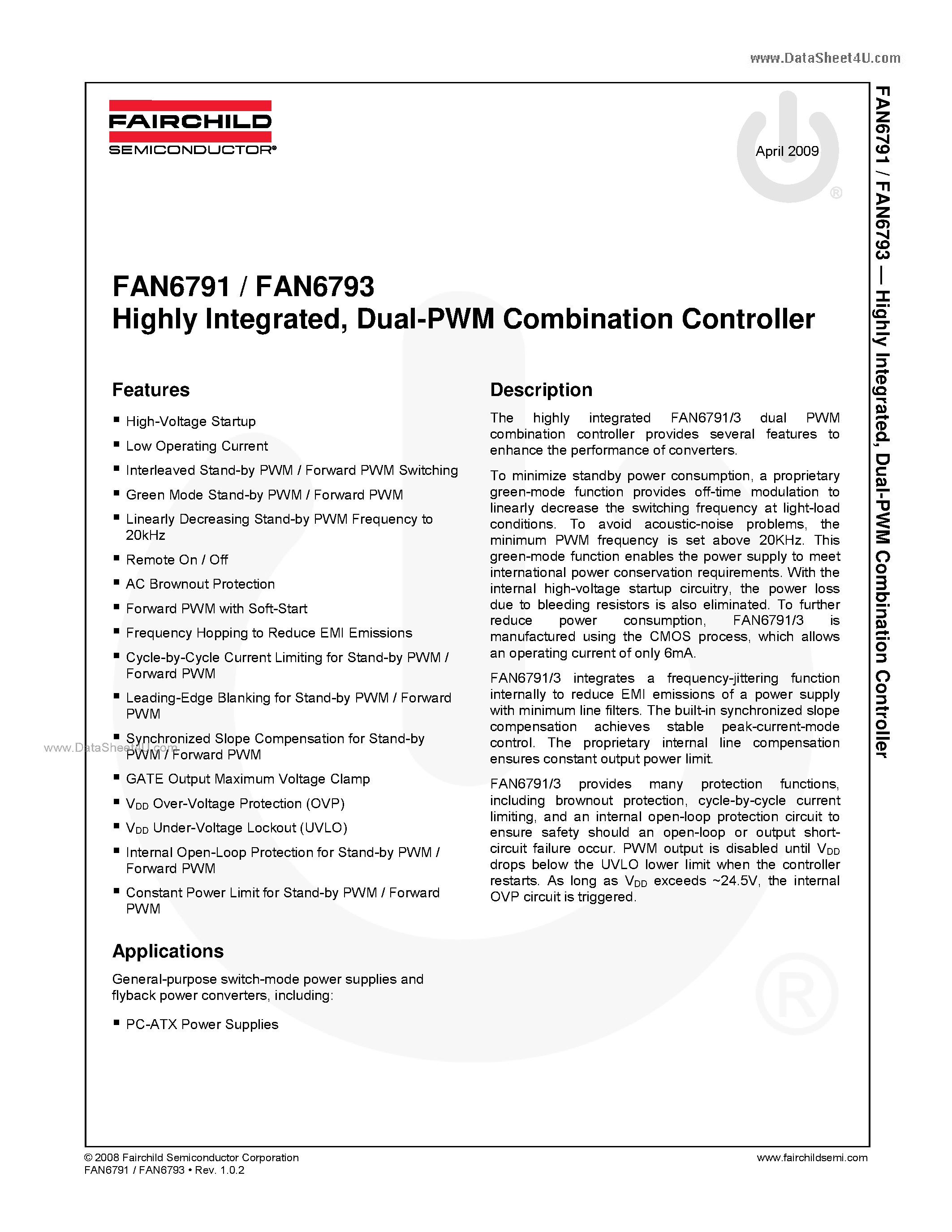 Даташит FAN6791 - (FAN6791 / FAN6793) Dual-PWM Combination Controller страница 1