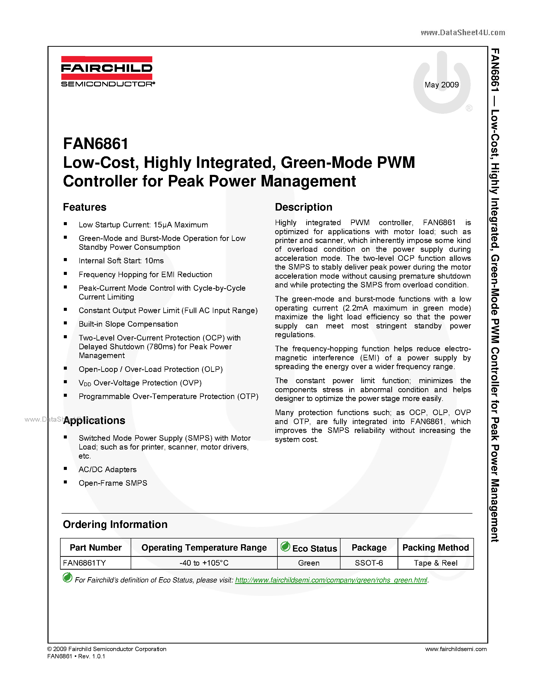Даташит FAN6861 - Green-Mode PWM Controller страница 1