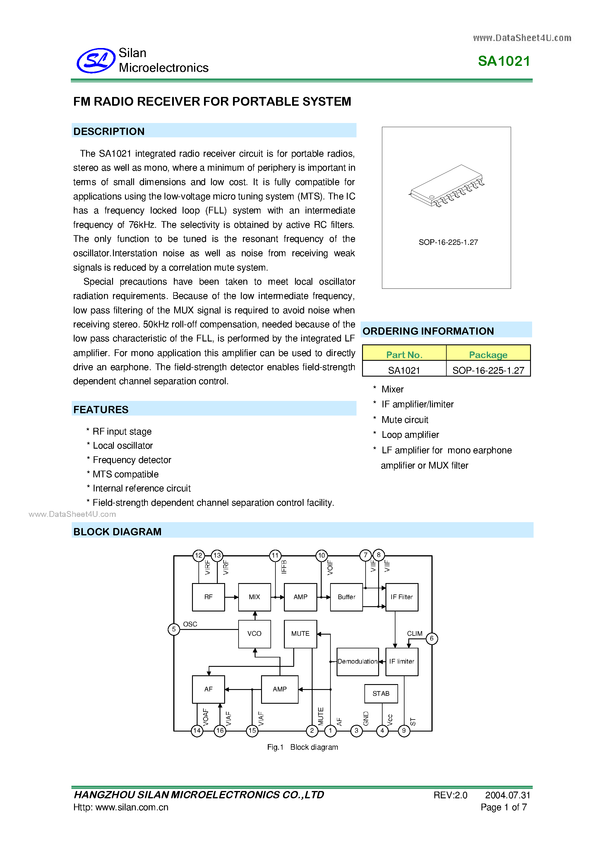 Даташит SA1021 - FM RADIO RECEIVER страница 1