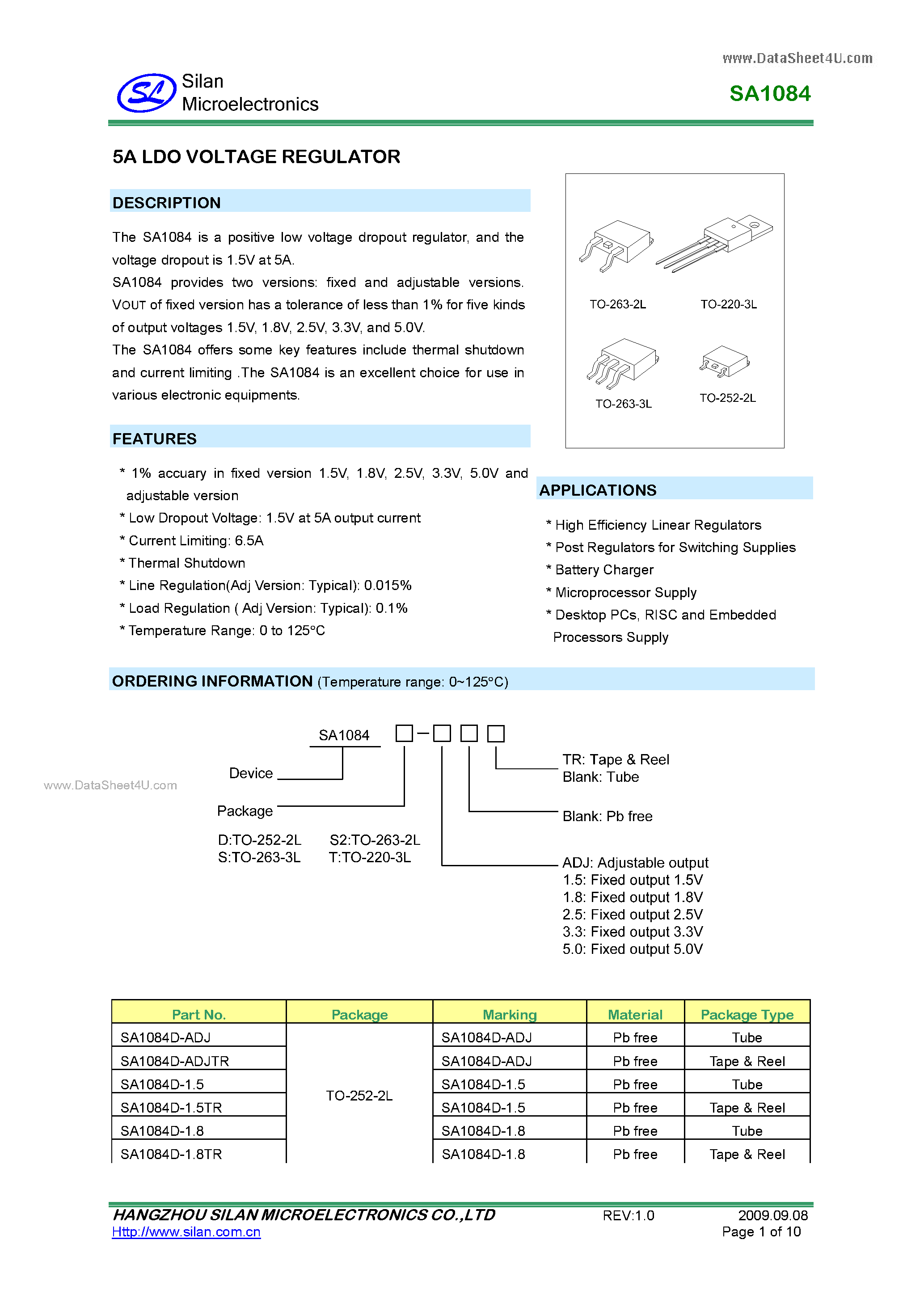 Даташит на микросхему SA1084 страница 1 Даташит SA1084 - 5A LDO VOLTAGE REGULATOR страница 1