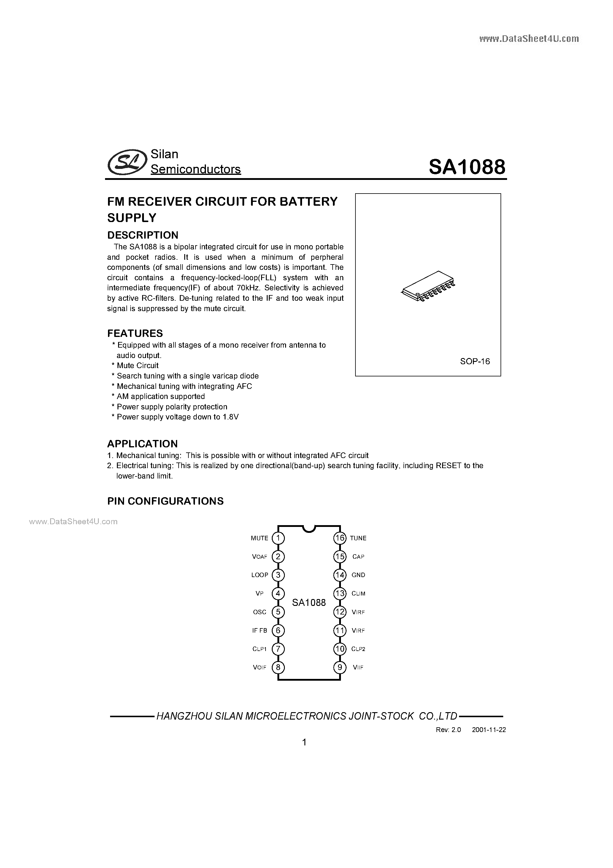 Даташит на микросхему SA1088 страница 1 Даташит SA1088 - FM RECEIVER CIRCUIT страница 1