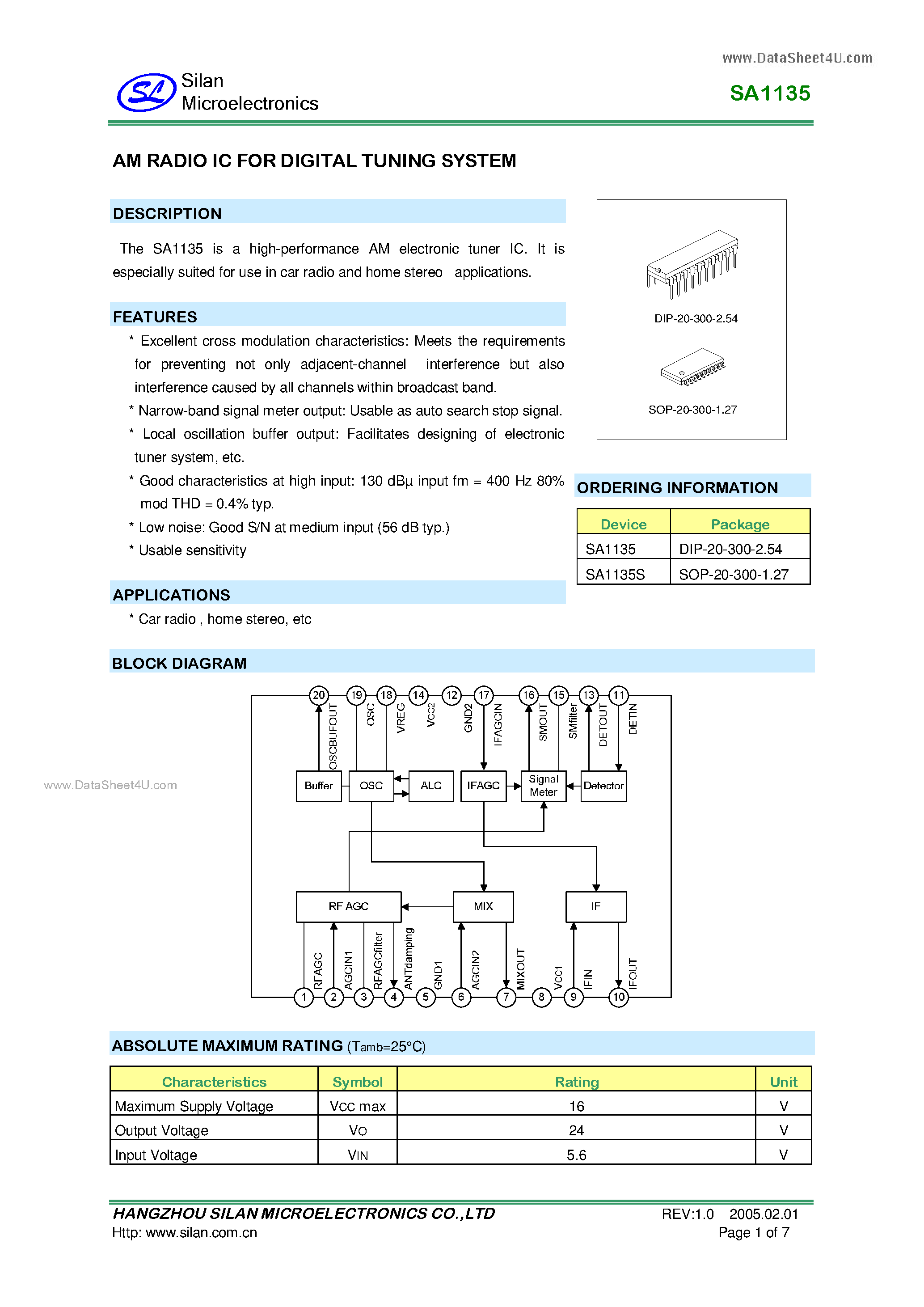 Даташит SA1135 - AM RADIO IC FOR DIGITAL TUNING SYSTEM страница 1