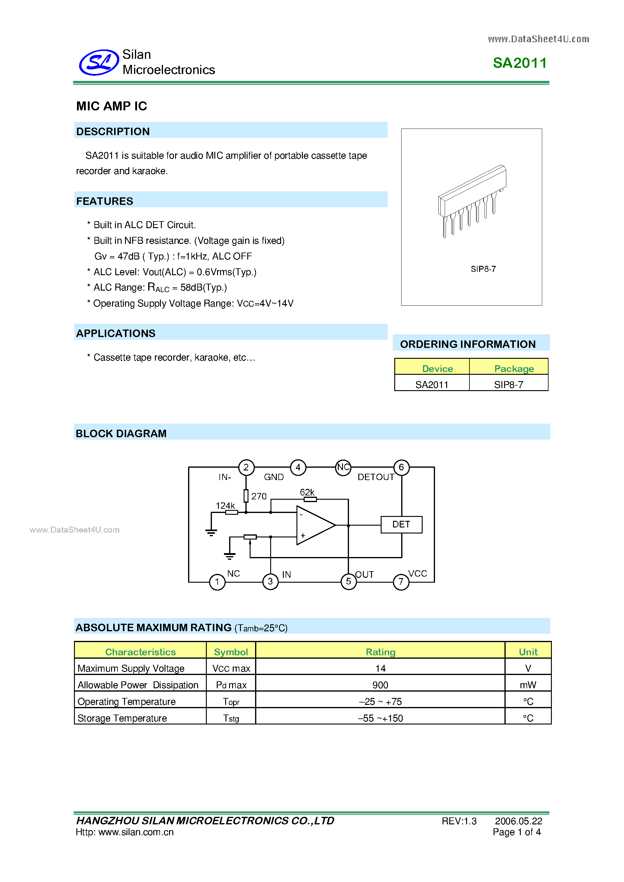 Даташит SA2011 - MIC AMP IC страница 1