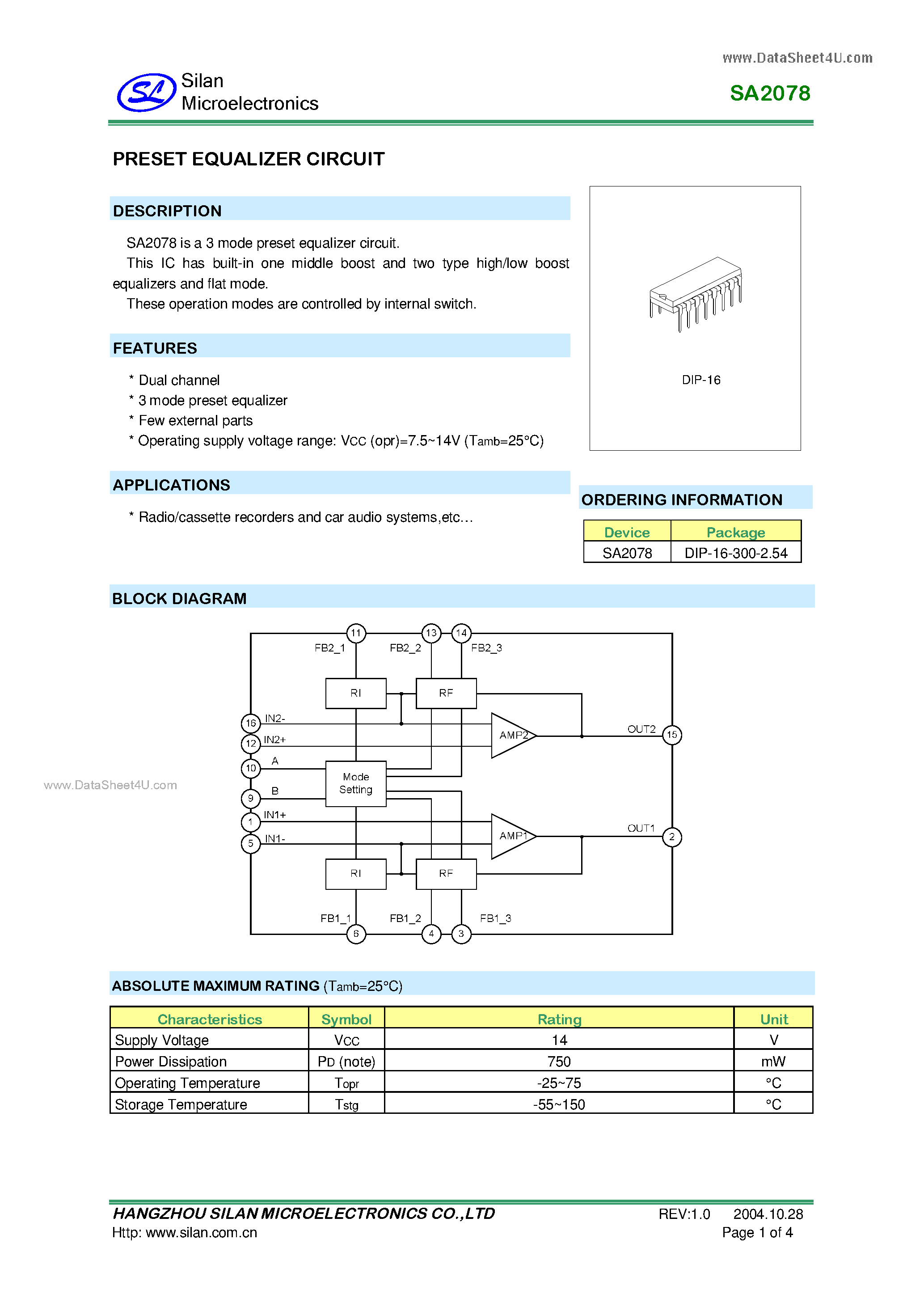 Datasheet SA2078 page 1 Datasheet SA2078 - PRESET EQUALIZER CIRCUIT page 1
