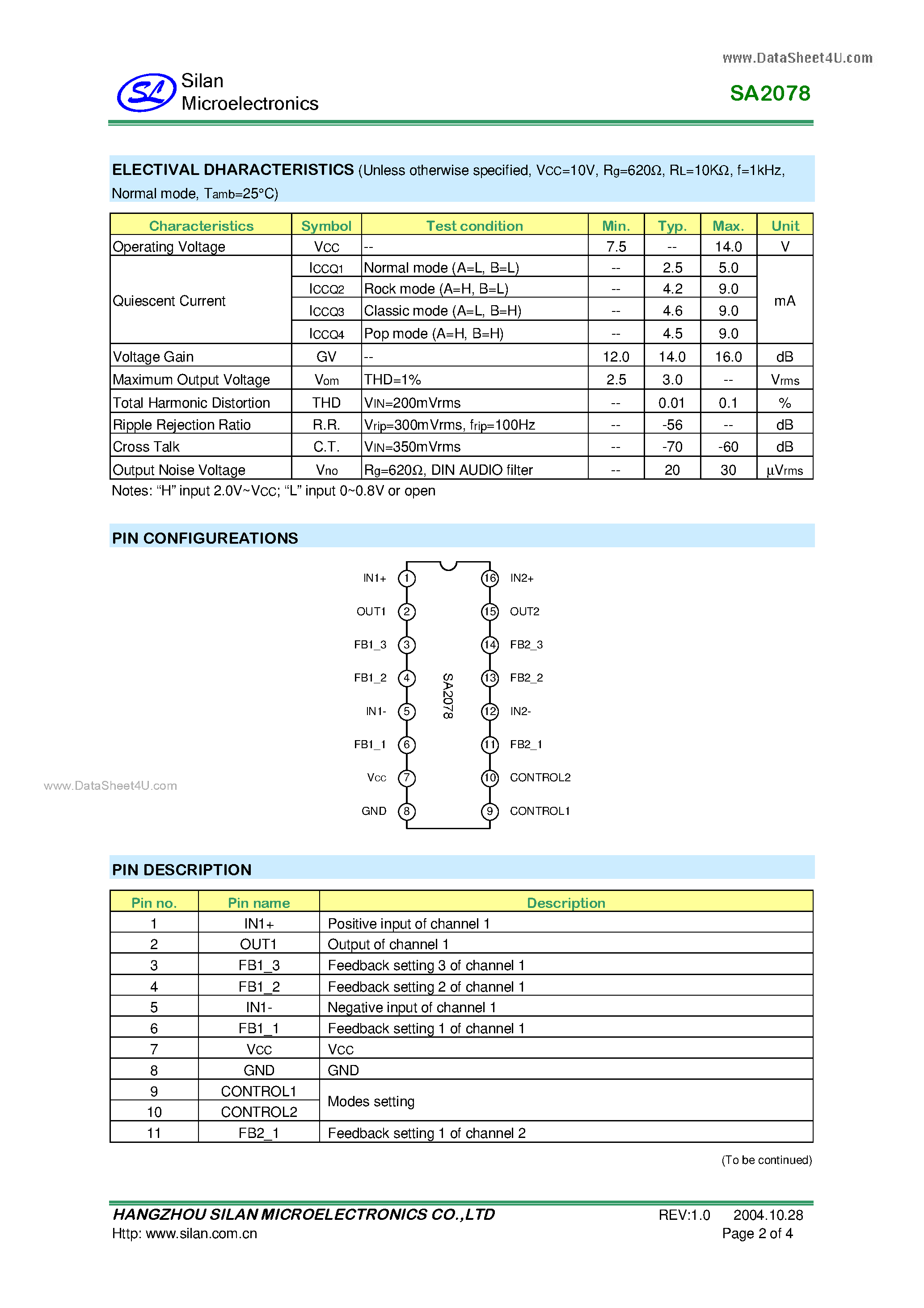 Datasheet SA2078 page 2 Datasheet SA2078 - PRESET EQUALIZER CIRCUIT page 2