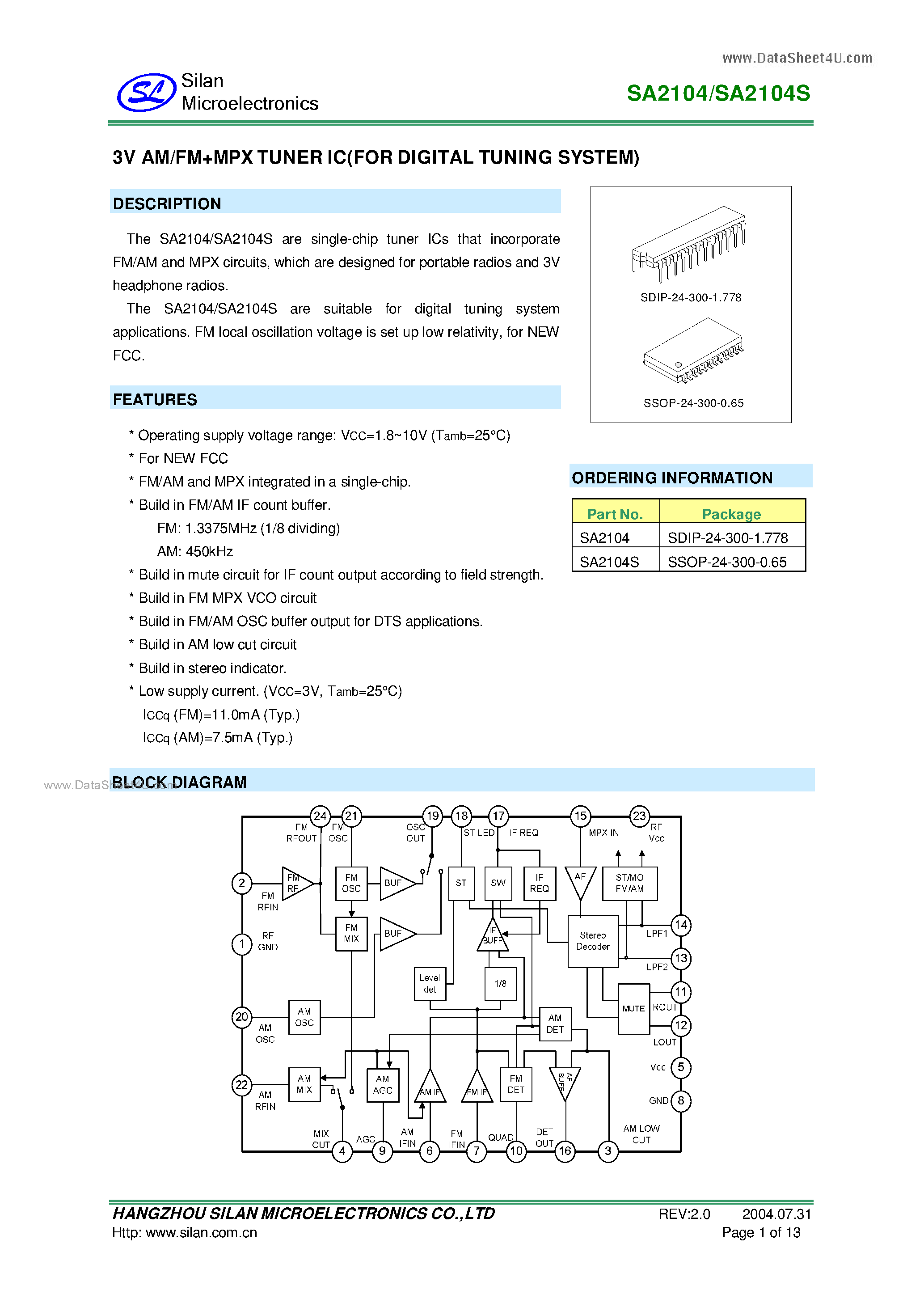 Datasheet SA2104 page 1 Datasheet SA2104 - 3V AM/FMMPX TUNER IC page 1