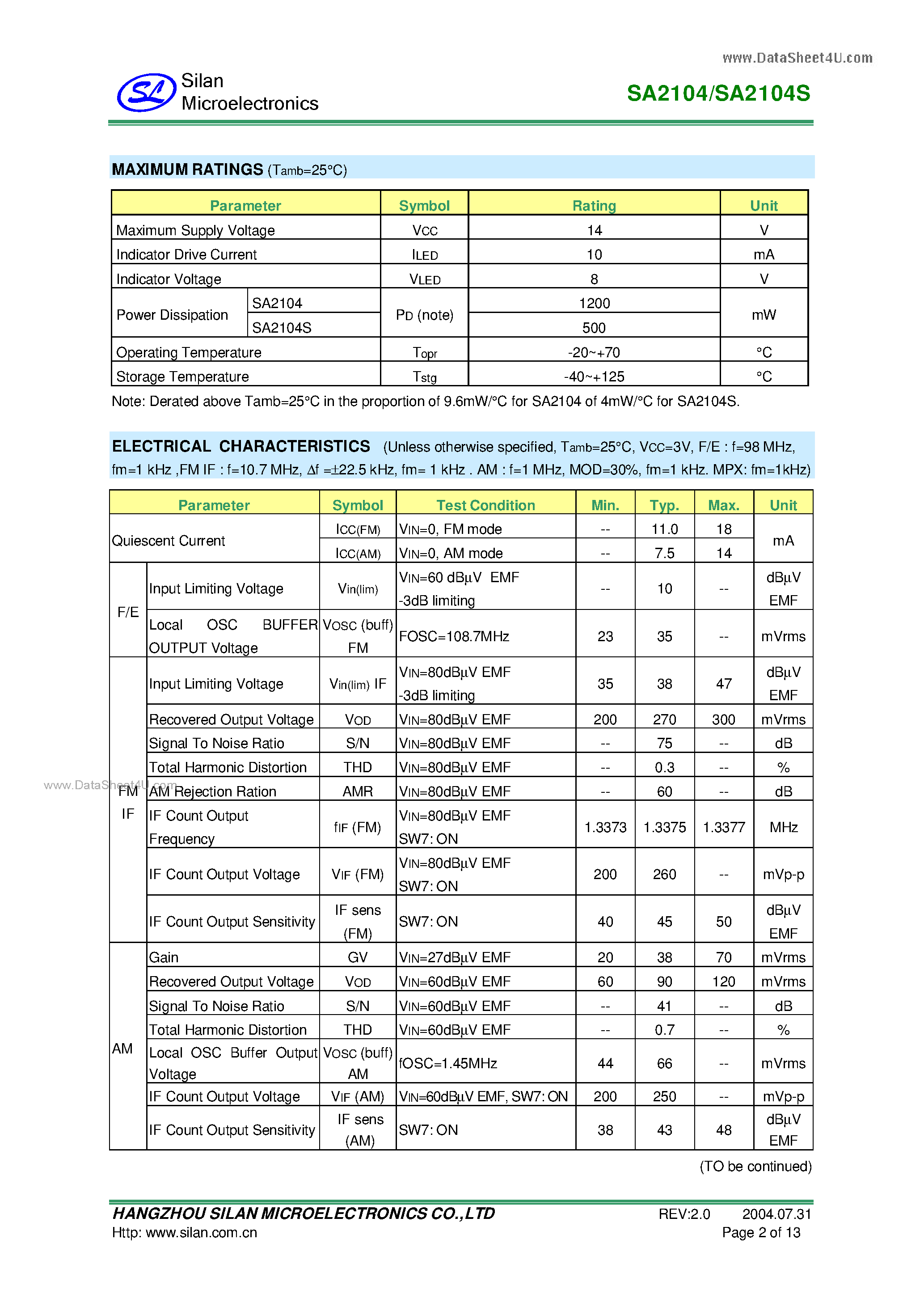 Datasheet SA2104 page 2 Datasheet SA2104 - 3V AM/FMMPX TUNER IC page 2