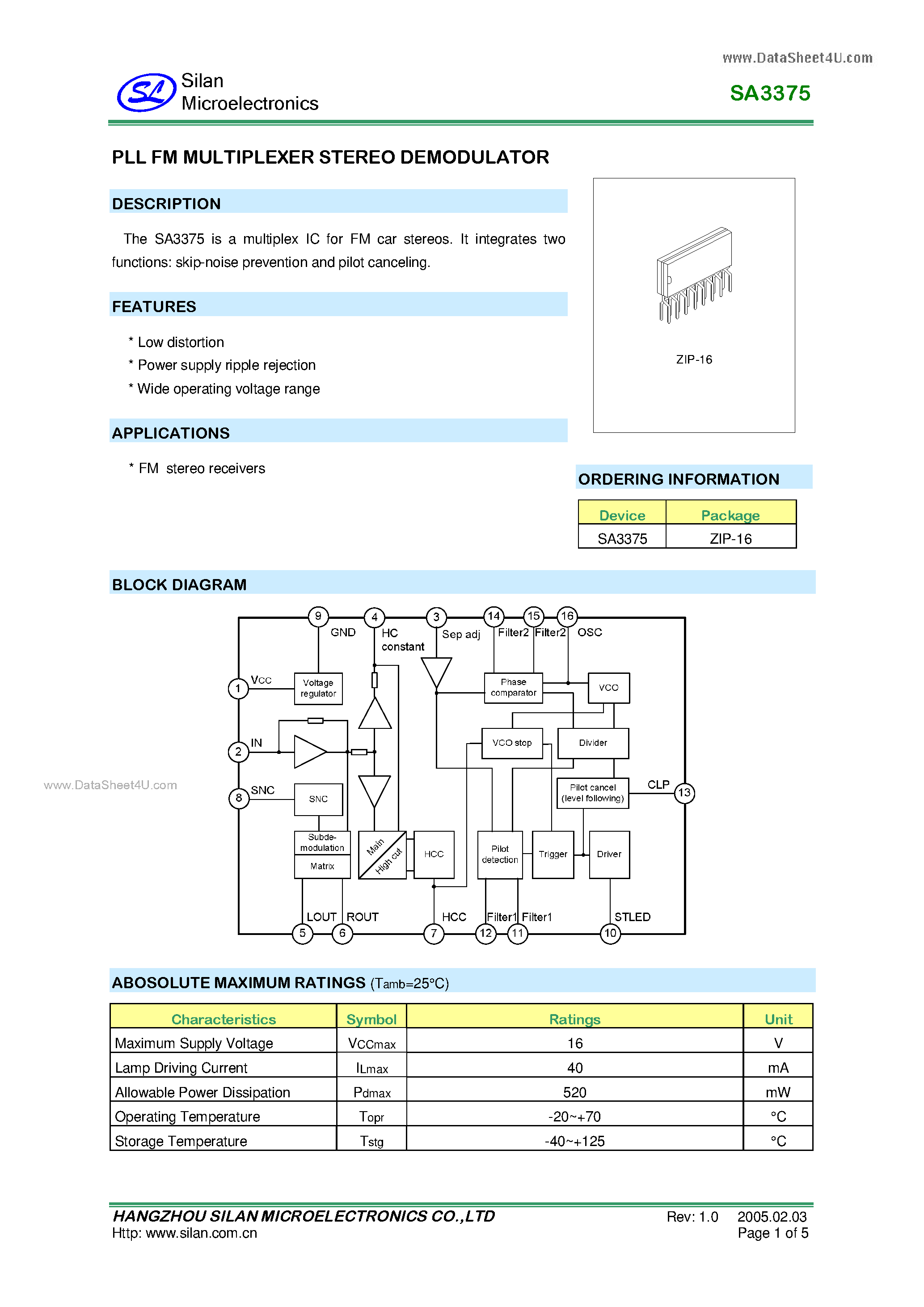 Datasheet SA3375 - PLL FM MULTIPLEXER STEREO DEMODULATOR page 1
