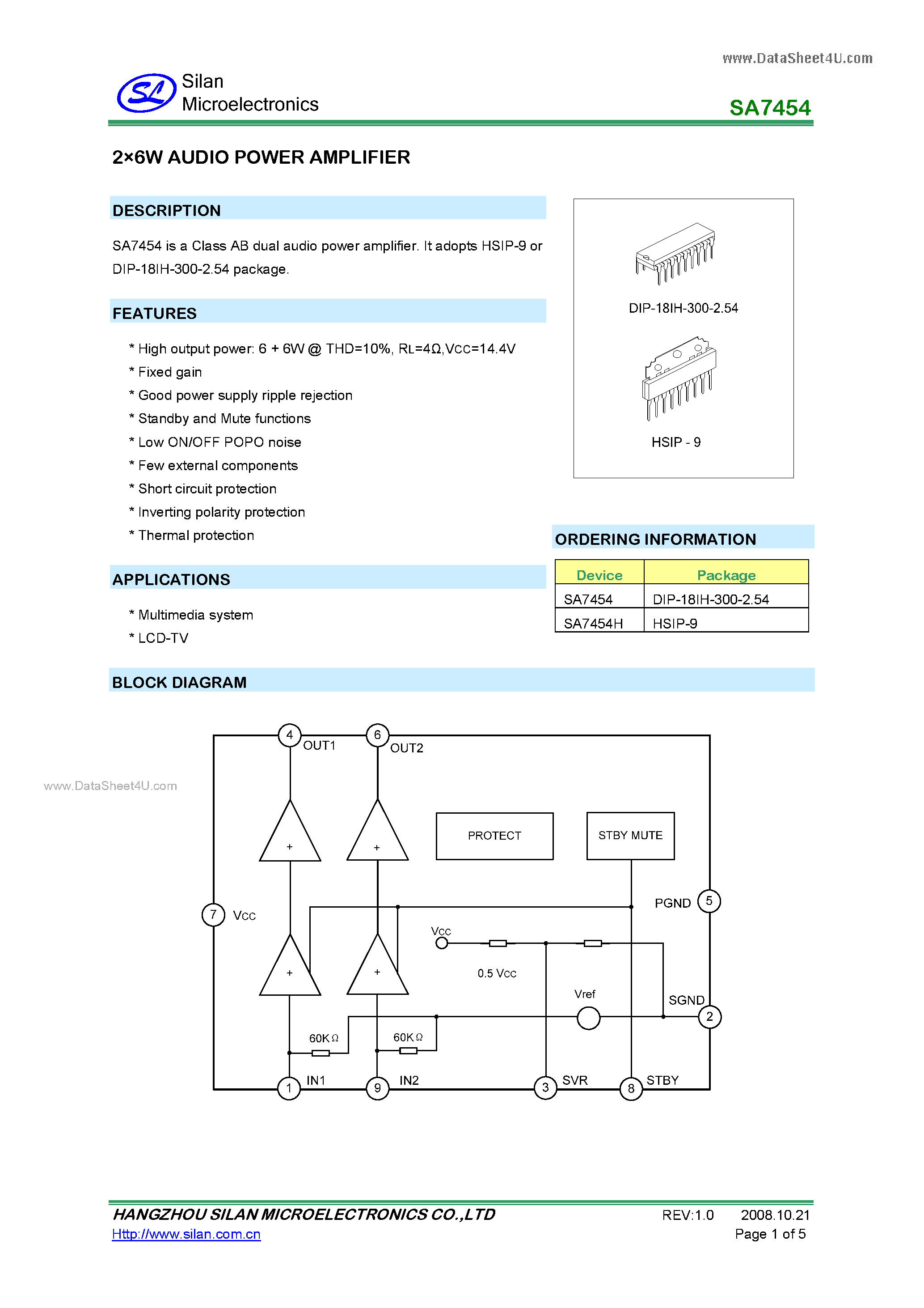 Datasheet SA7454 - 2 X 6W AUDIO POWER AMPLIFIER page 1