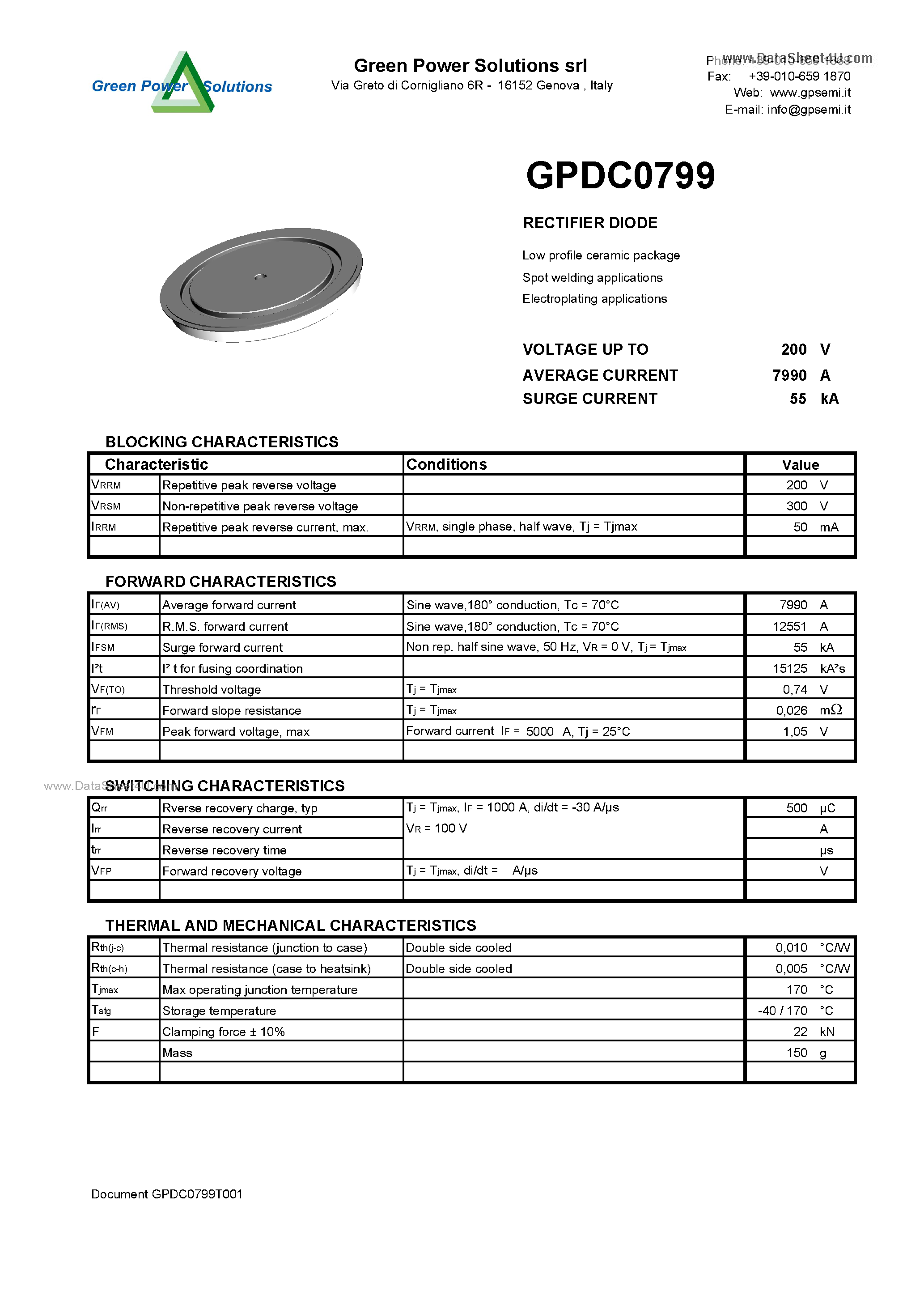 Datasheet GPDC0799 page 1 Datasheet GPDC0799 - RECTIFIER DIODE page 1