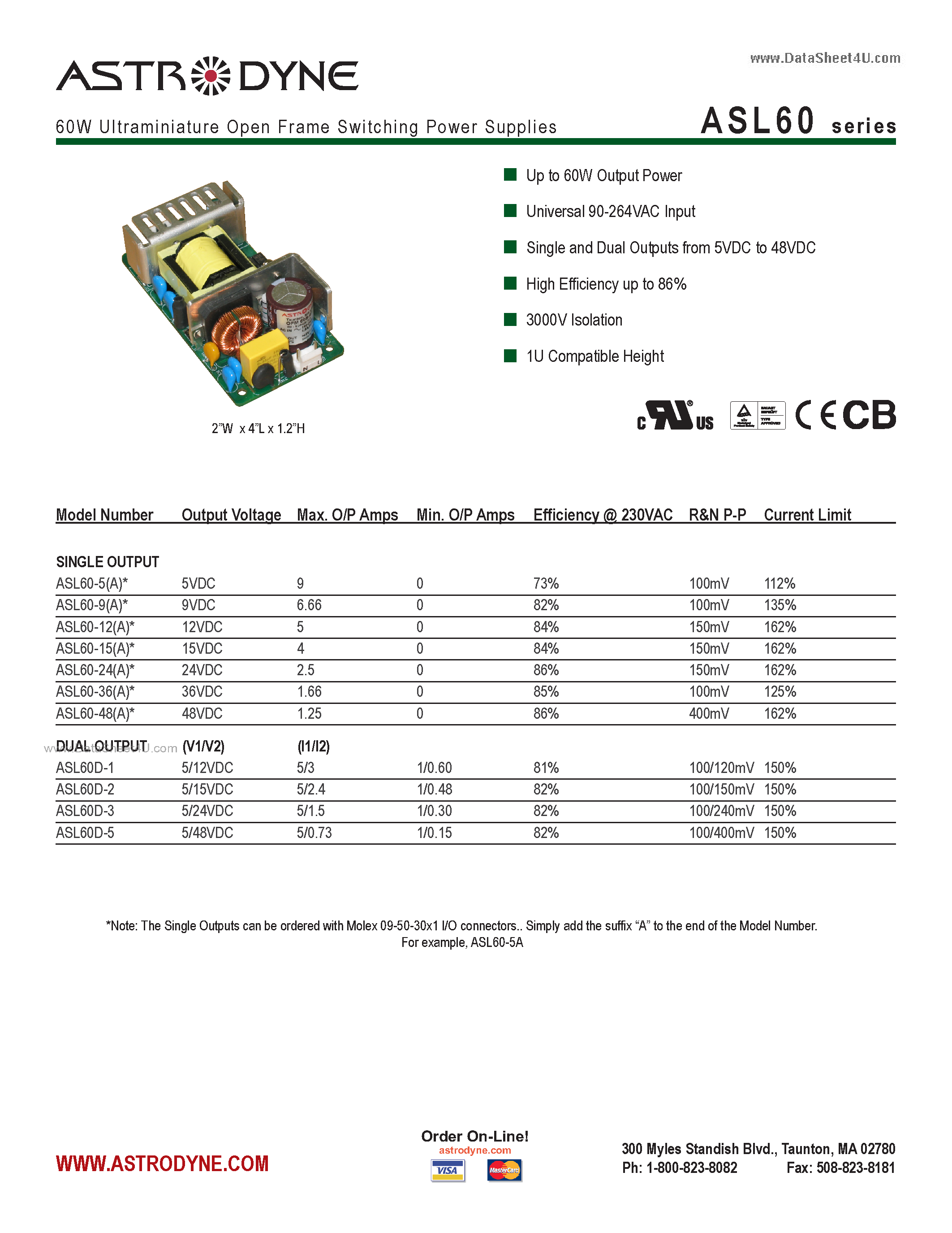 Даташит на микросхему ASL60 страница 1 Даташит ASL60 - 60W Ultraminiature Open Frame Switching Power Supplies страница 1