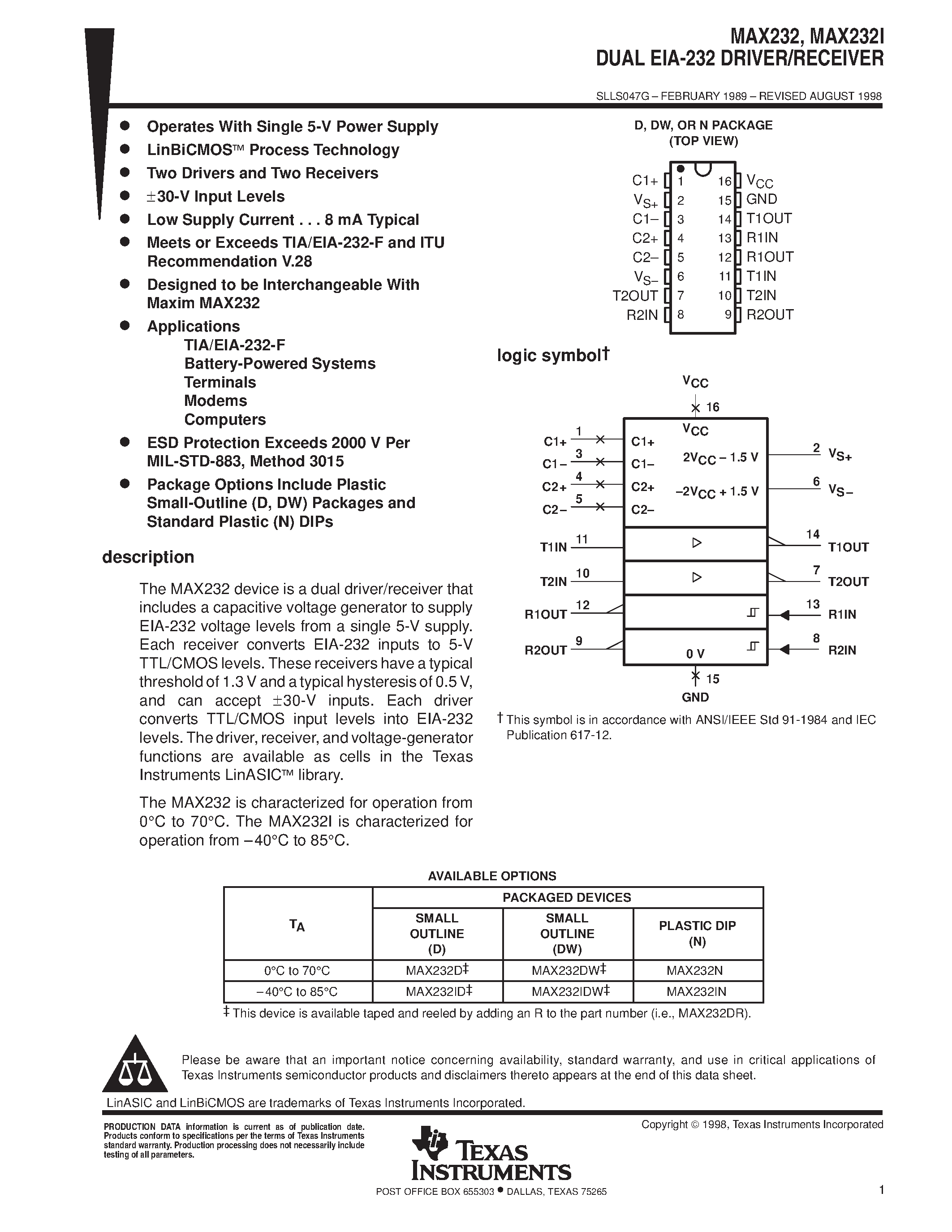 Даташит MAX232 - DUAL EIA-232 DRIVER/RECEIVER страница 1