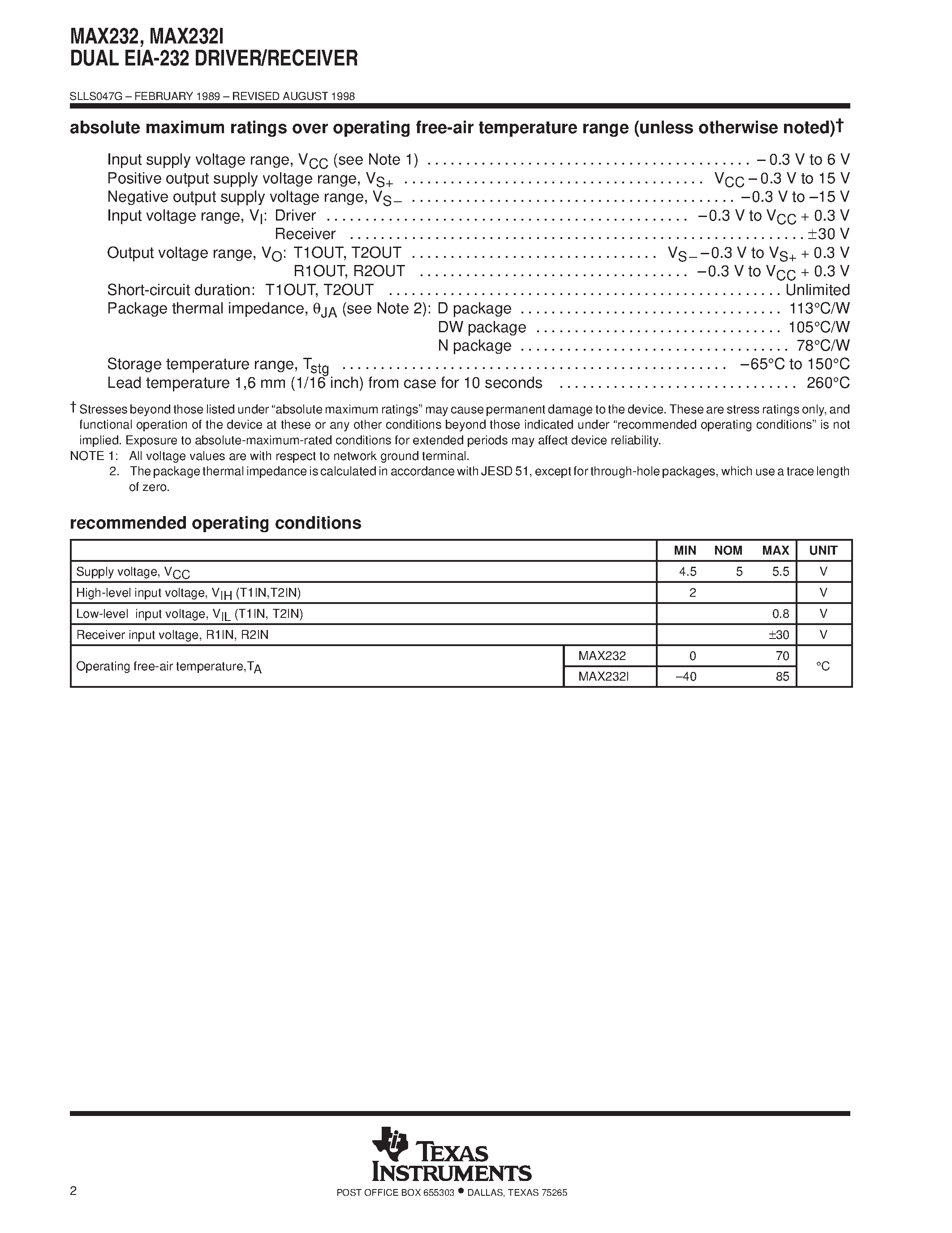 Datasheet MAX232 - DUAL EIA-232 DRIVER/RECEIVER page 2