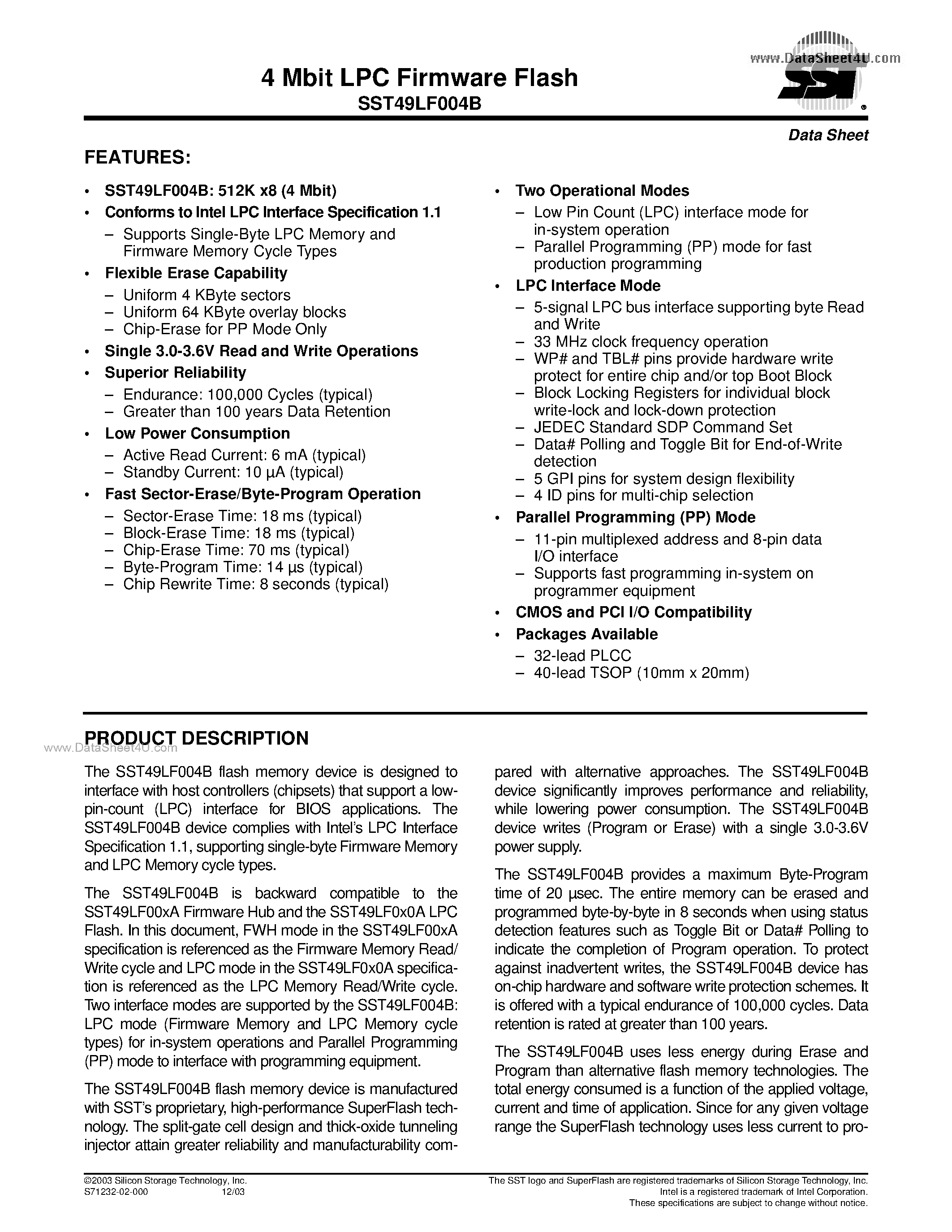Даташит 49LF004B - Search -----> SST49LF004B страница 1