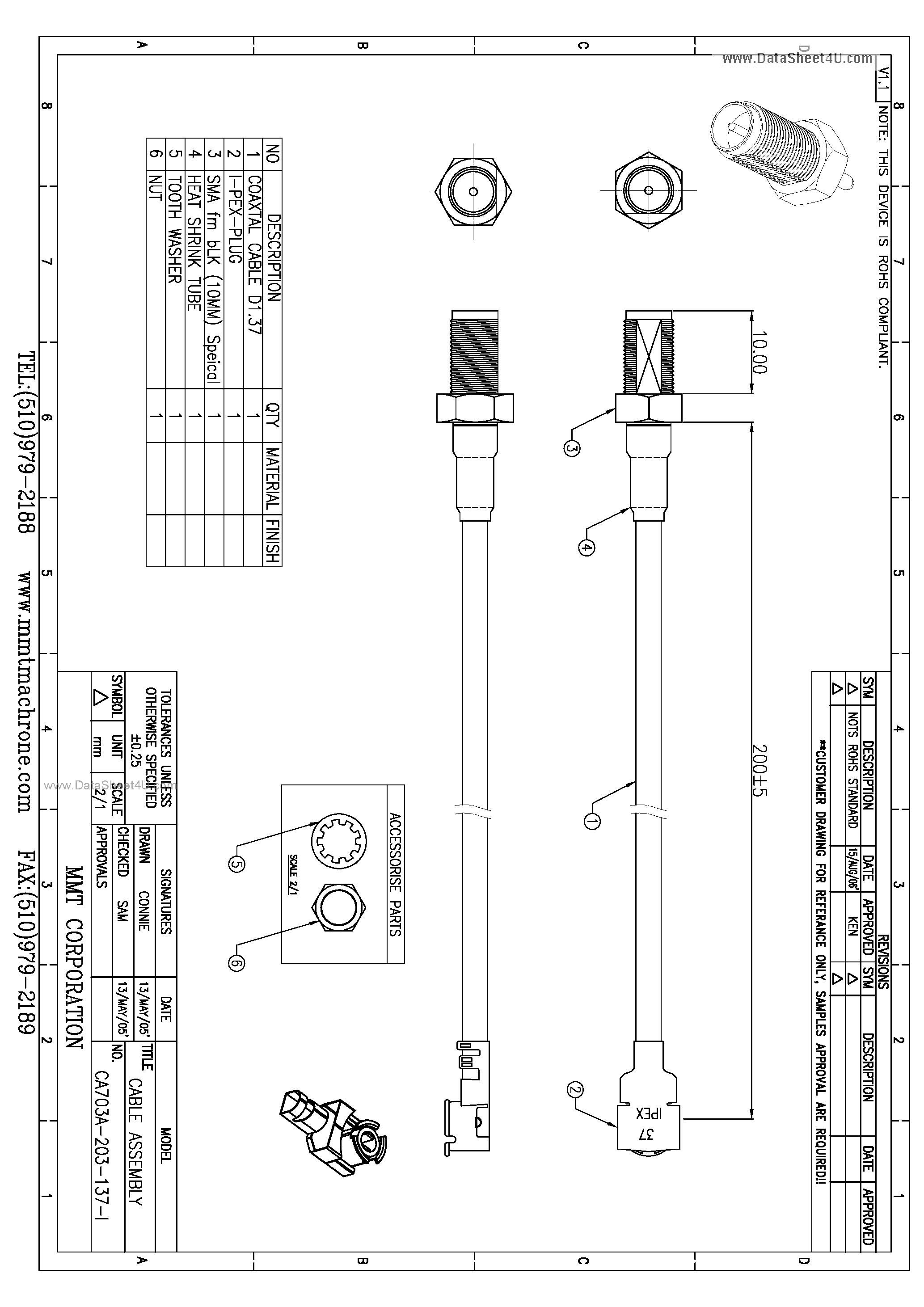 Даташит CA703A-203-137-1 - Cable Assembly страница 1