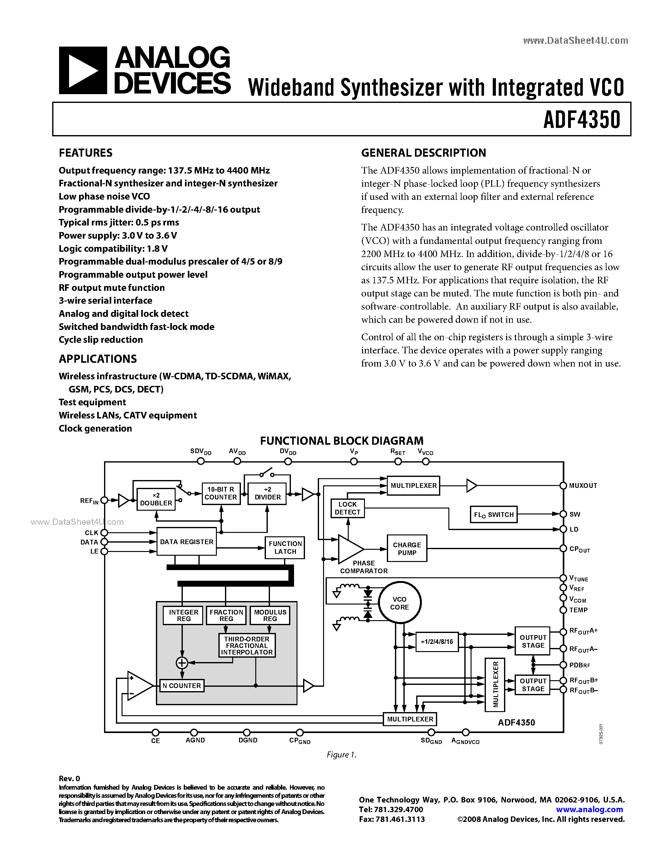Даташит на микросхему ADF4350 страница 1 Даташит ADF4350 - Wideband Synthesizer страница 1