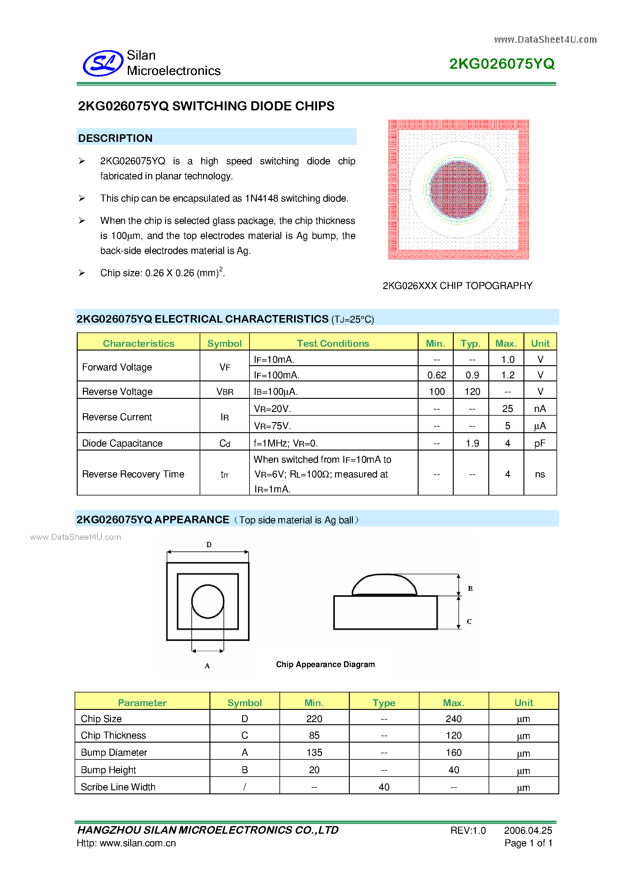 Datasheet 2KG026075YQ page 1 Datasheet 2KG026075YQ - SWITCHING DIODE CHIPS page 1