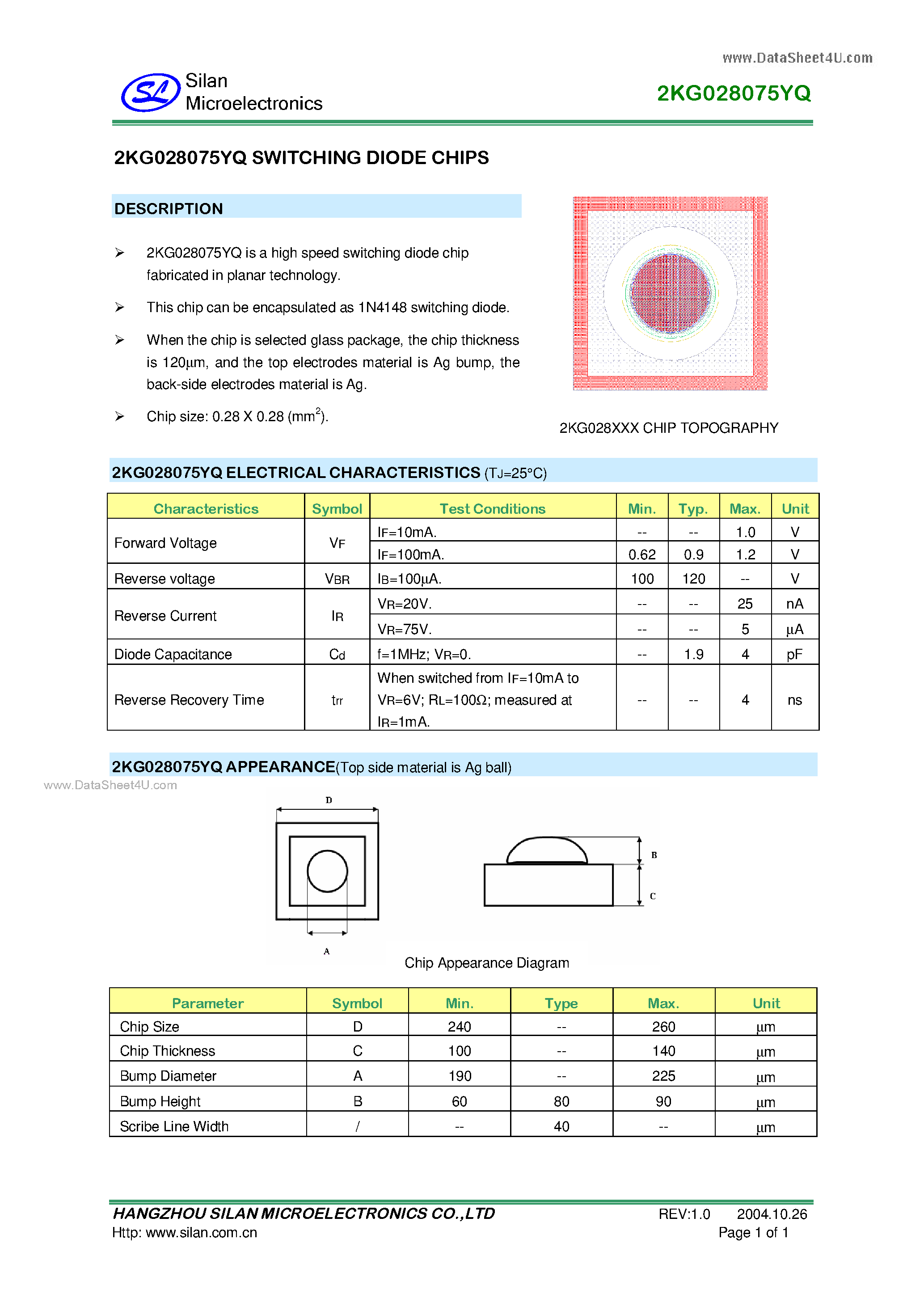 Datasheet 2KG028075YQ page 1 Datasheet 2KG028075YQ - SWITCHING DIODE CHIPS page 1