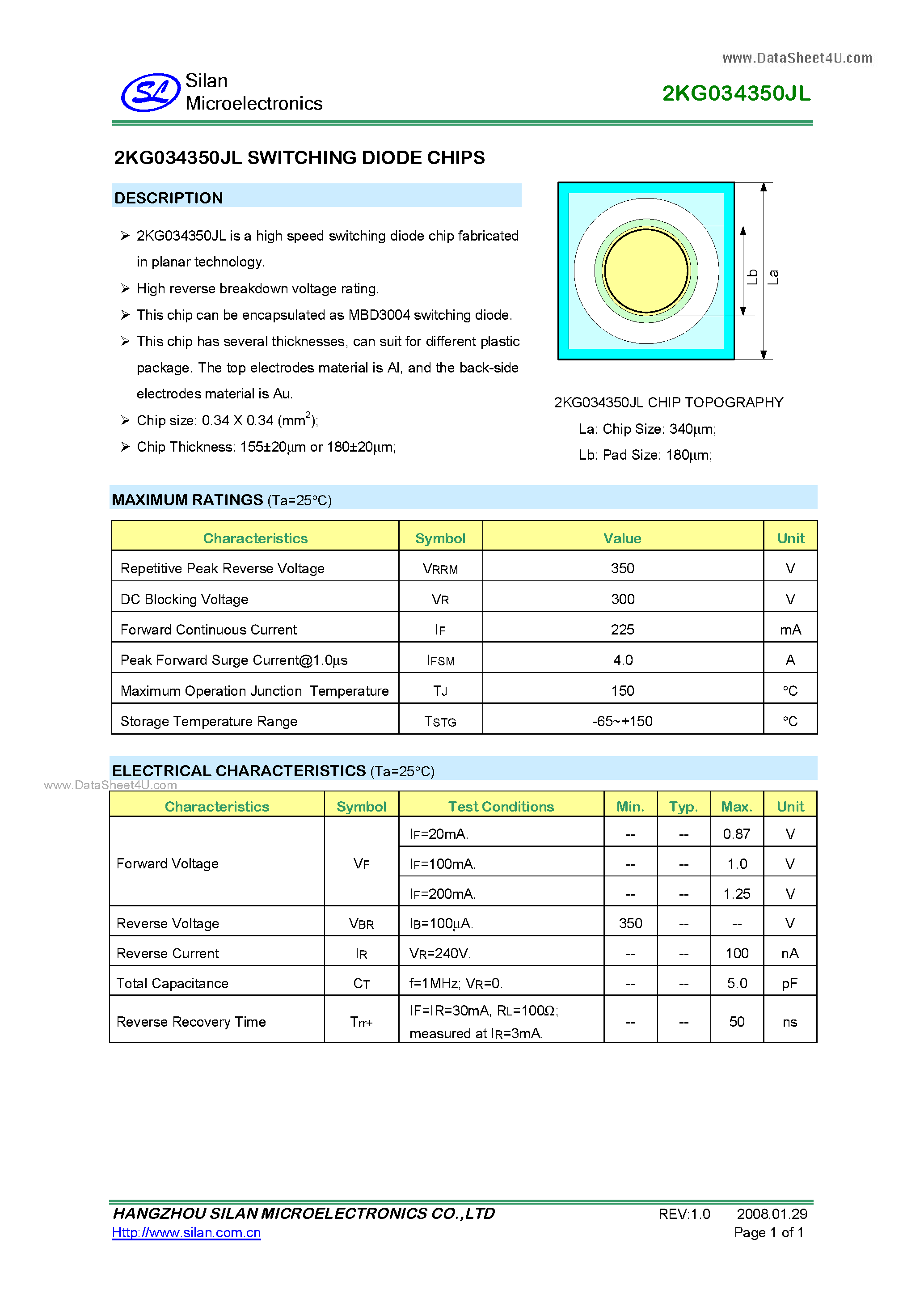 Datasheet 2KG034350JL page 1 Datasheet 2KG034350JL - SWITCHING DIODE CHIPS page 1