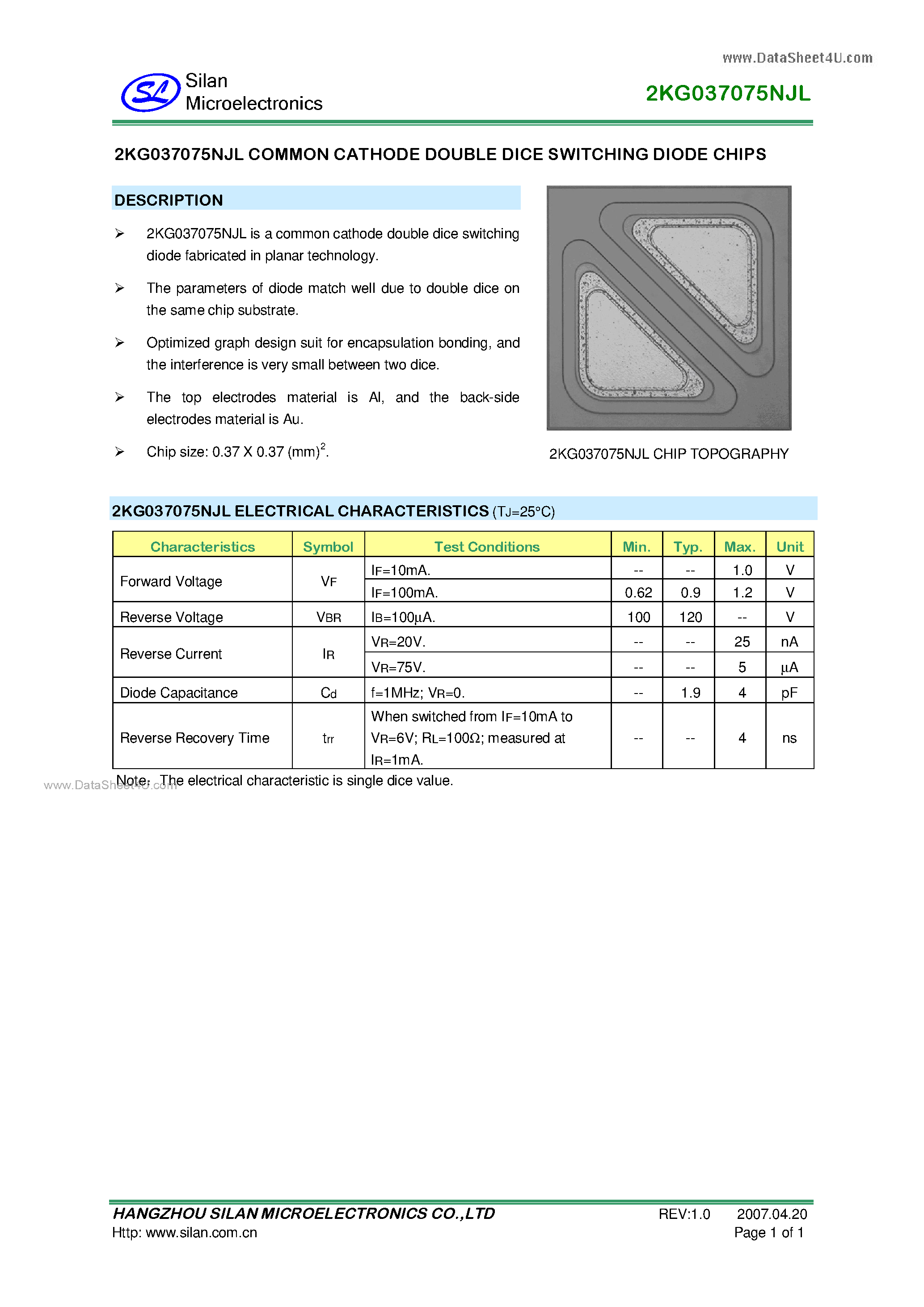 Datasheet 2KG037075NJL - COMMON CATHODE DOUBLE DICE SWITCHING DIODE CHIPS page 1