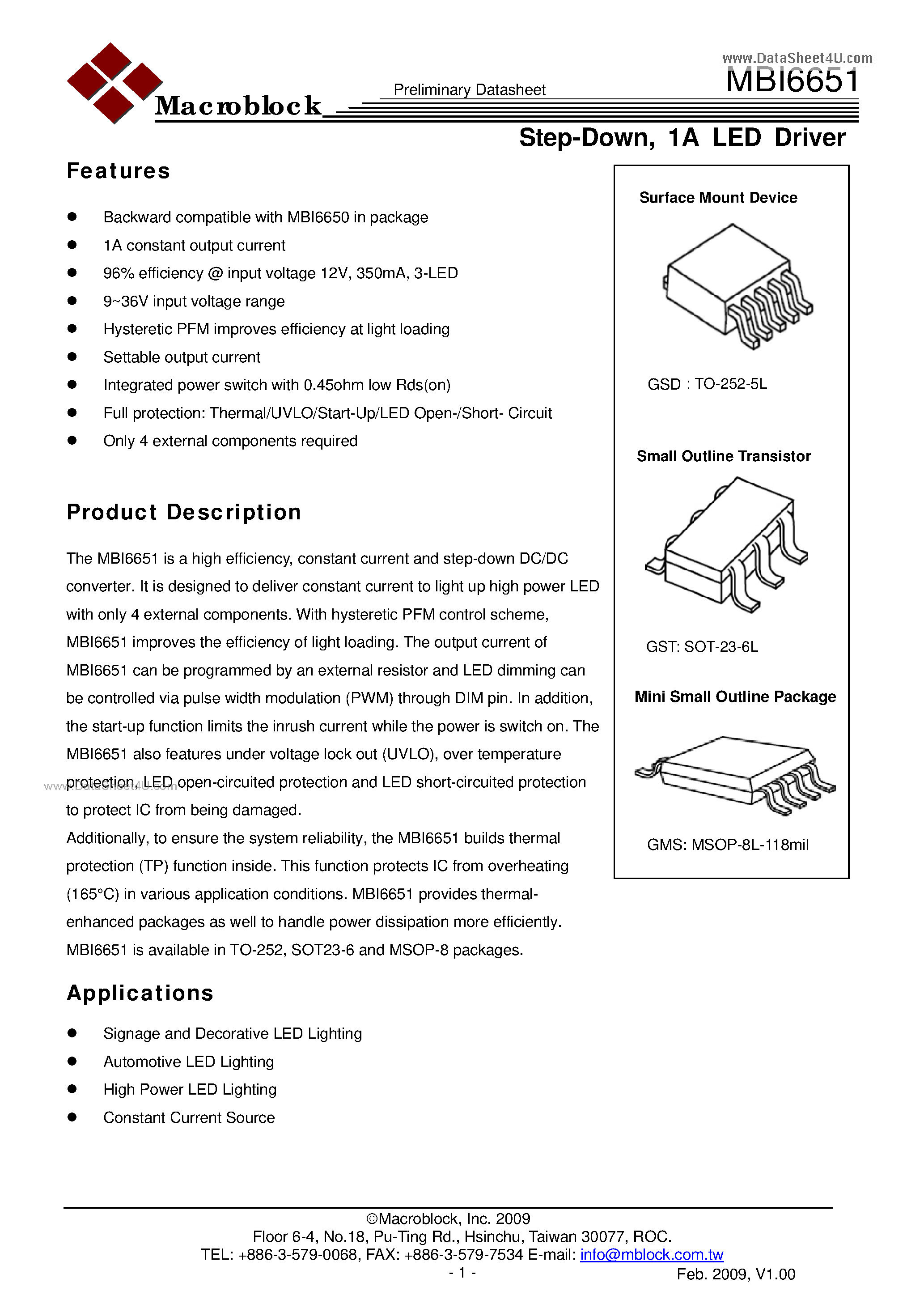 Datasheet MBI6651 - Step Down / 1A LED Driver page 1