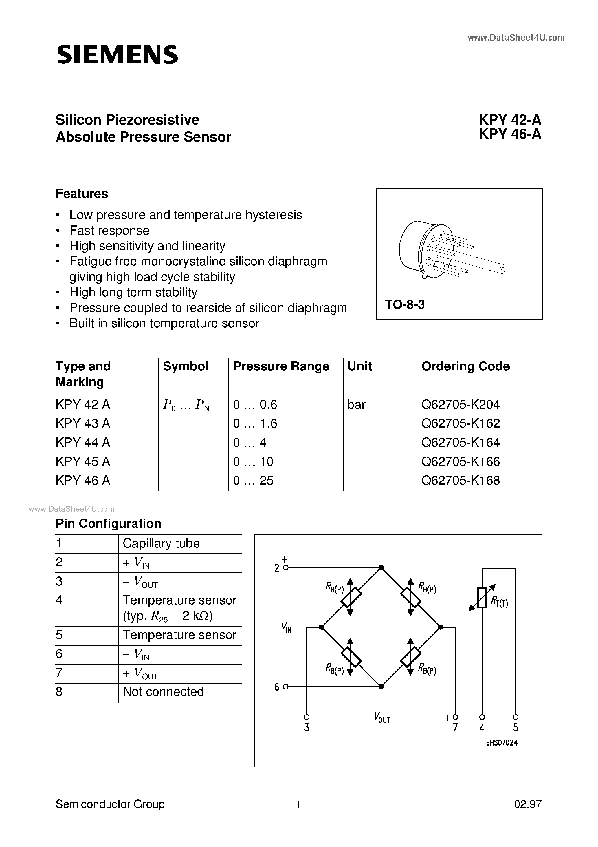 Даташит KPY42-A-(KPY42-A / KPY46-A) Silicon Piezoresistive Absolute Pressure Sensor страница 1