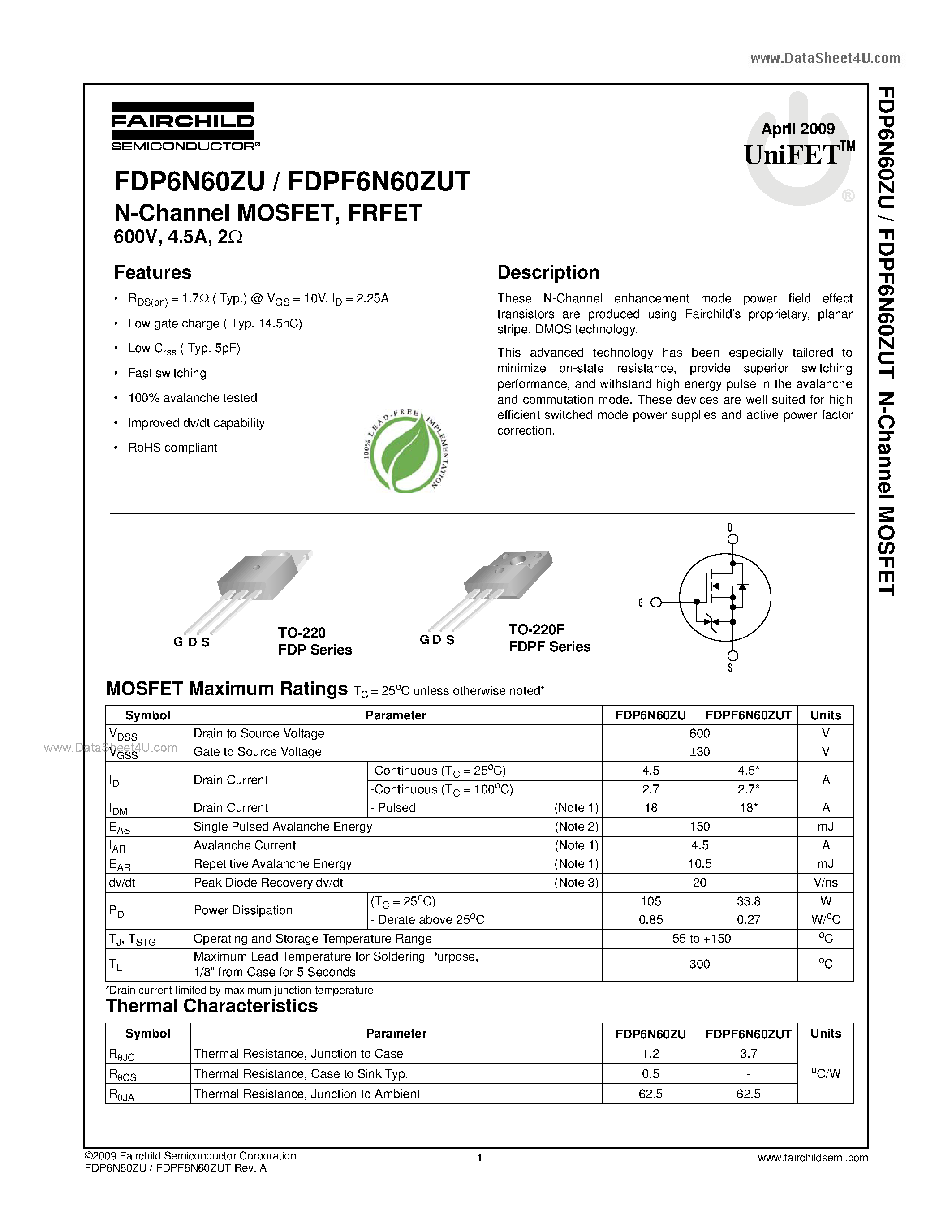 Datasheet FDP6N60ZU - N-Channel MOSFET page 1