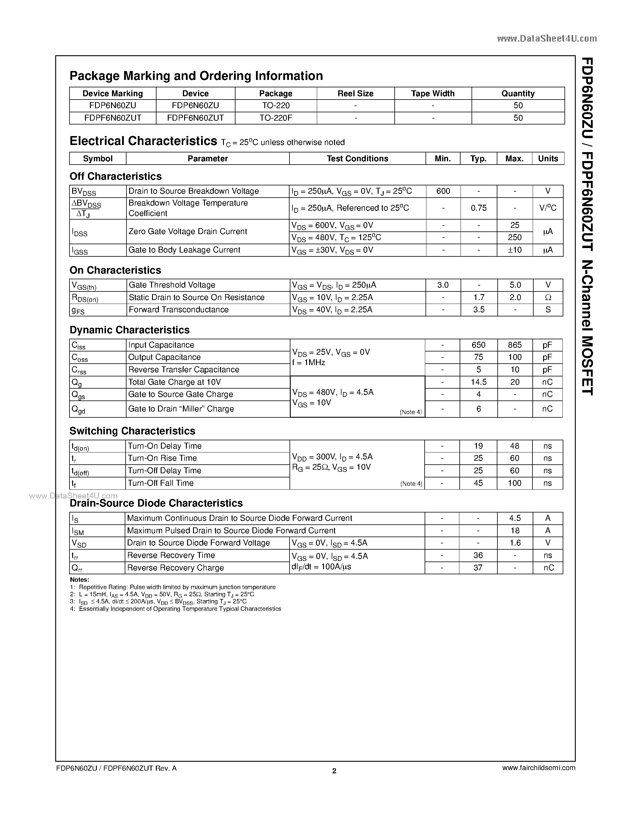 Datasheet FDP6N60ZU - N-Channel MOSFET page 2