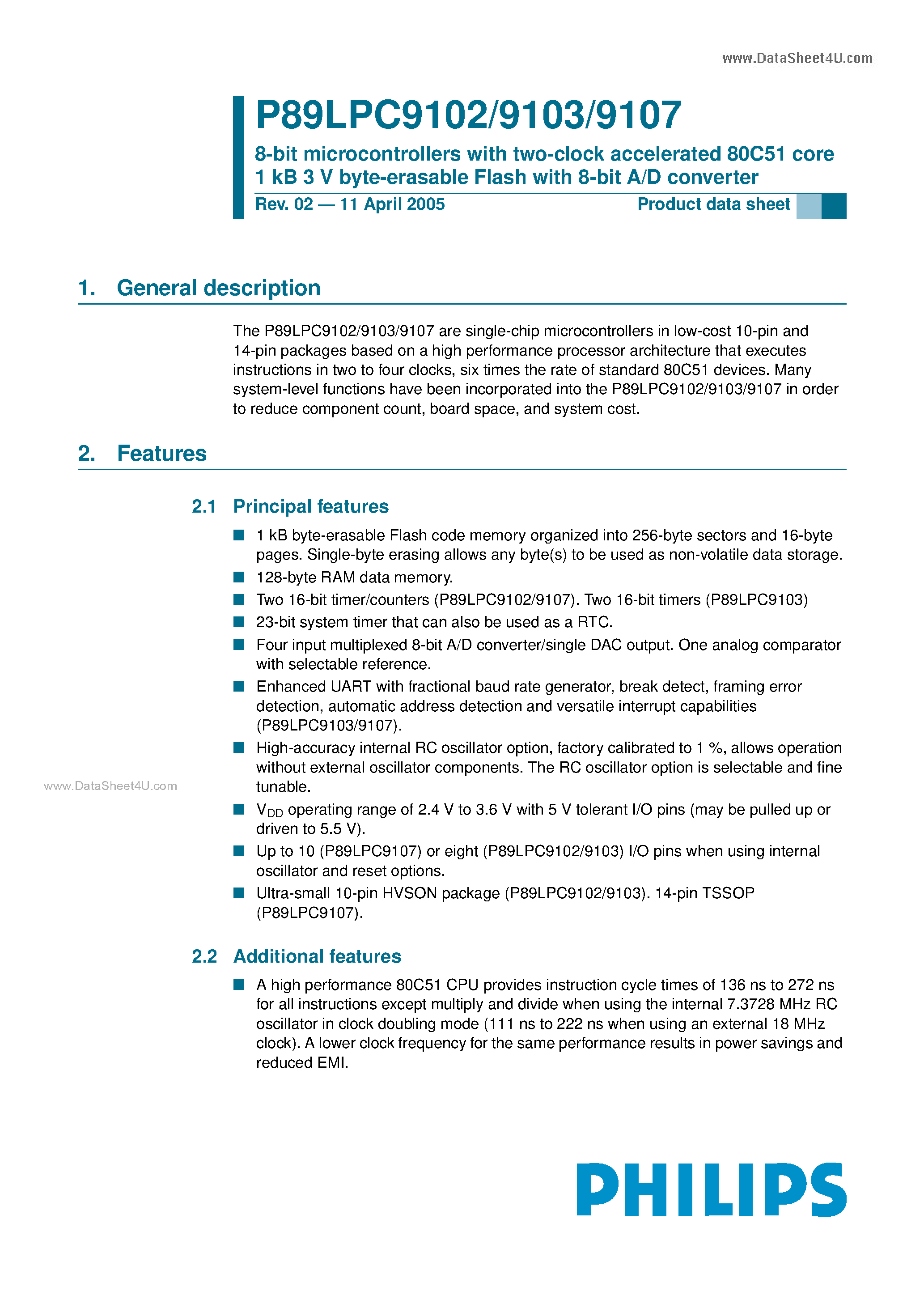 Datasheet P89LPC9102 page 1 Datasheet P89LPC9102 - (P89LPC9102 - P89LPC9107) 8-bit microcontrollers page 1
