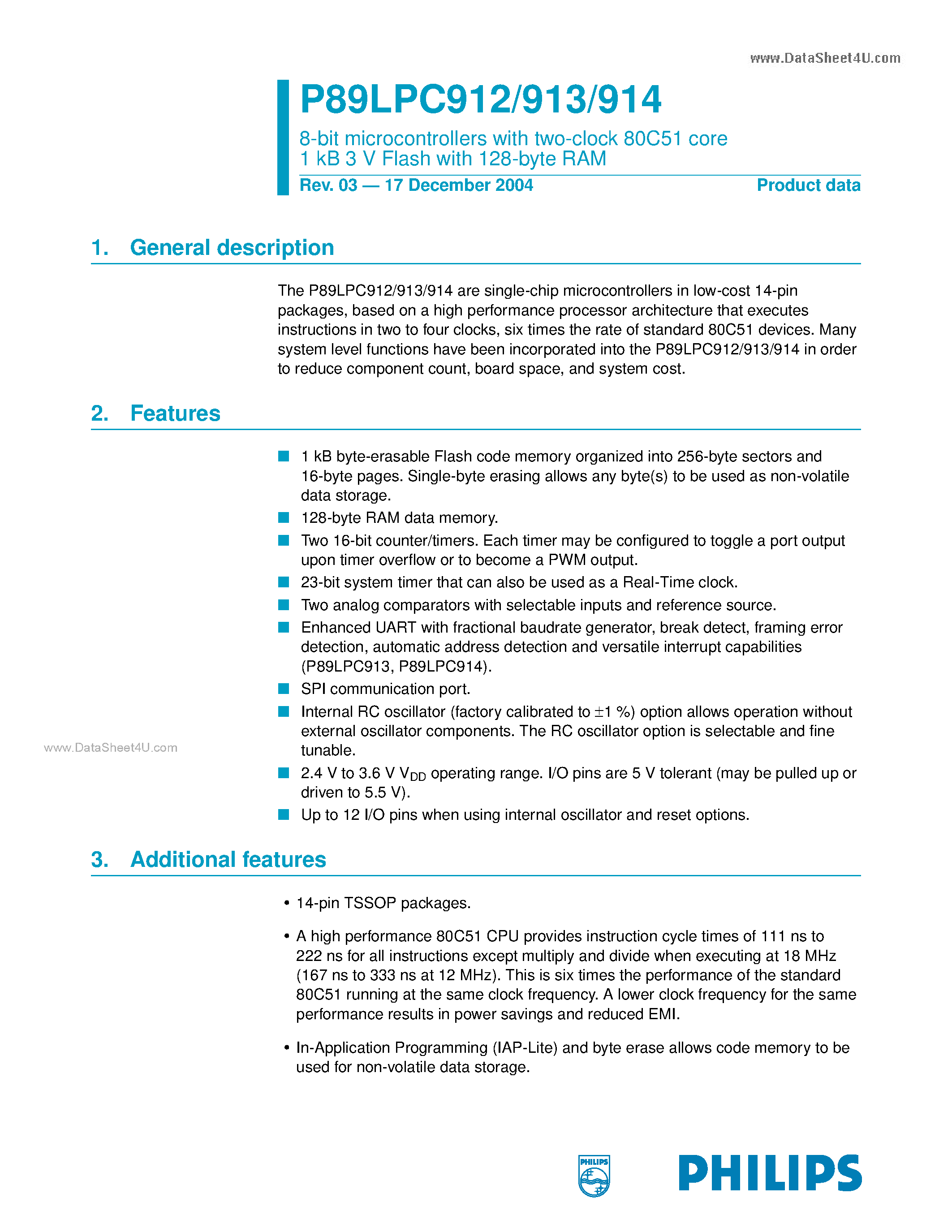 Datasheet P89LPC912 page 1 Datasheet P89LPC912 - (P89LPC912 - P89LPC914) 8-bit microcontrollers page 1