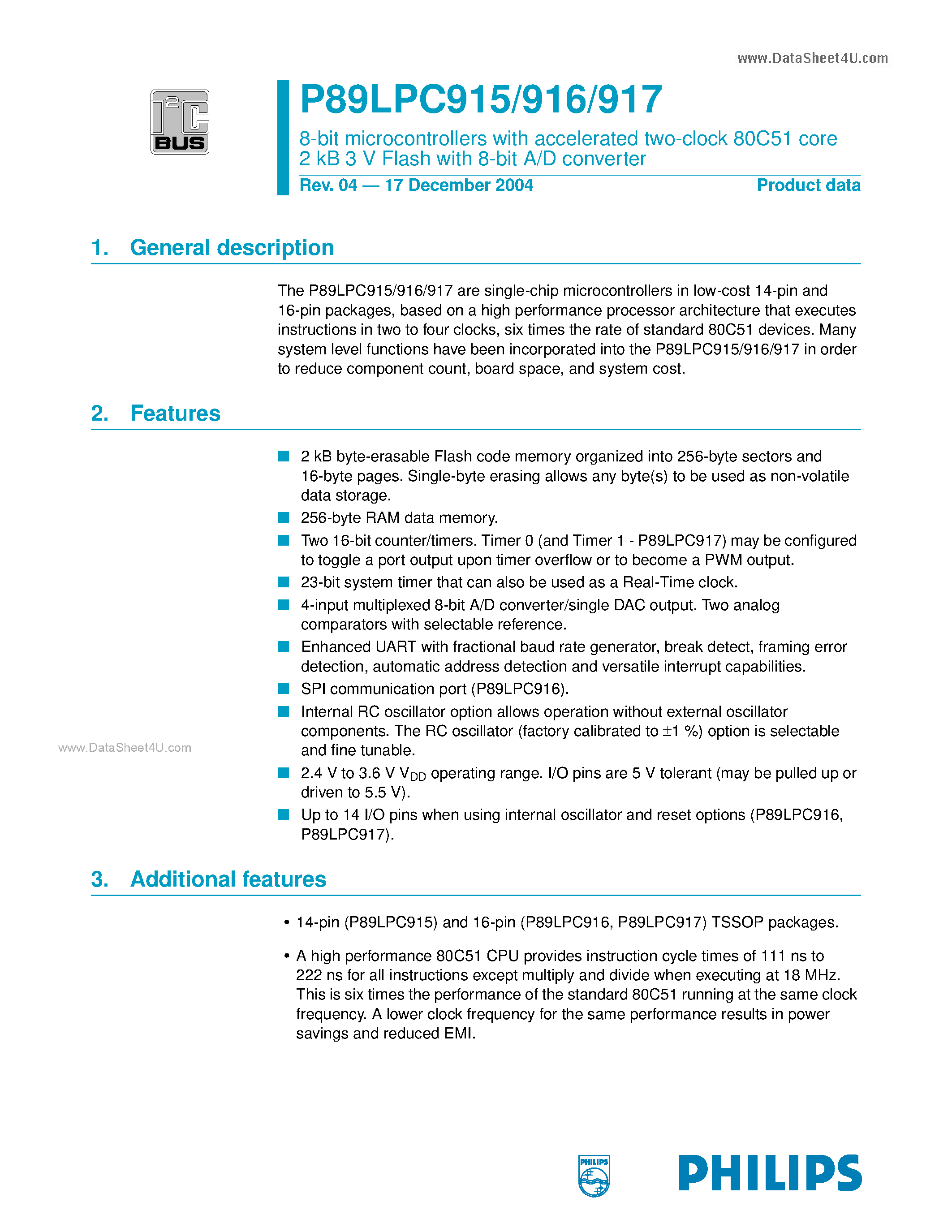 Datasheet P89LPC915 page 1 Datasheet P89LPC915 - (P89LPC915 - P89LPC917) 8-bit microcontrollers page 1