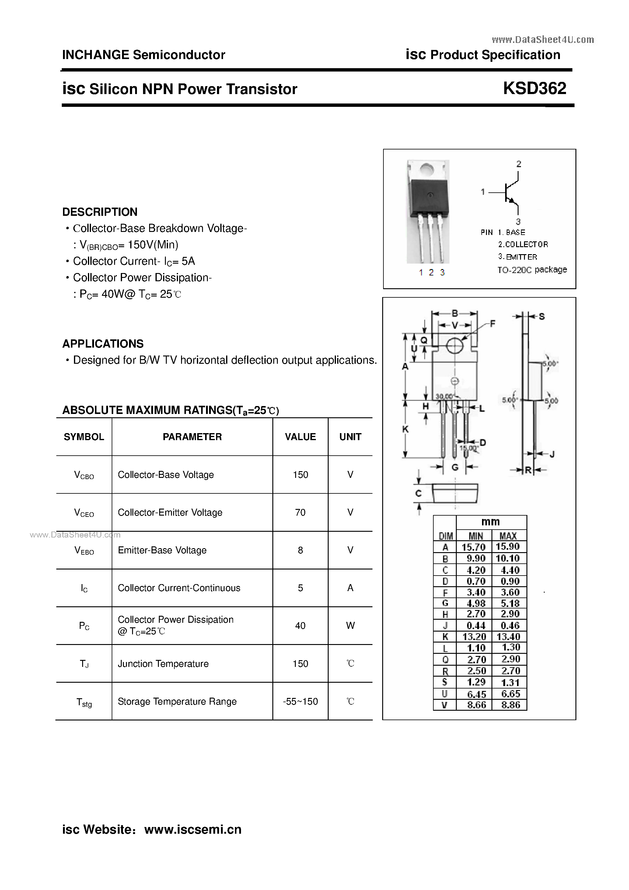 Datasheet KSD362 page 1 Datasheet KSD362 - Silicon NPN Power Transistor page 1