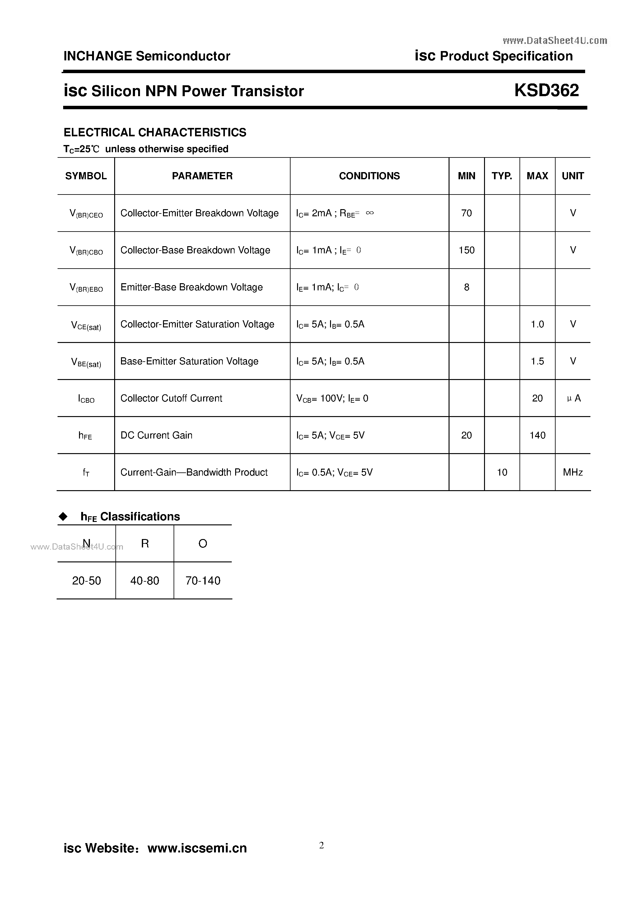Datasheet KSD362 page 2 Datasheet KSD362 - Silicon NPN Power Transistor page 2