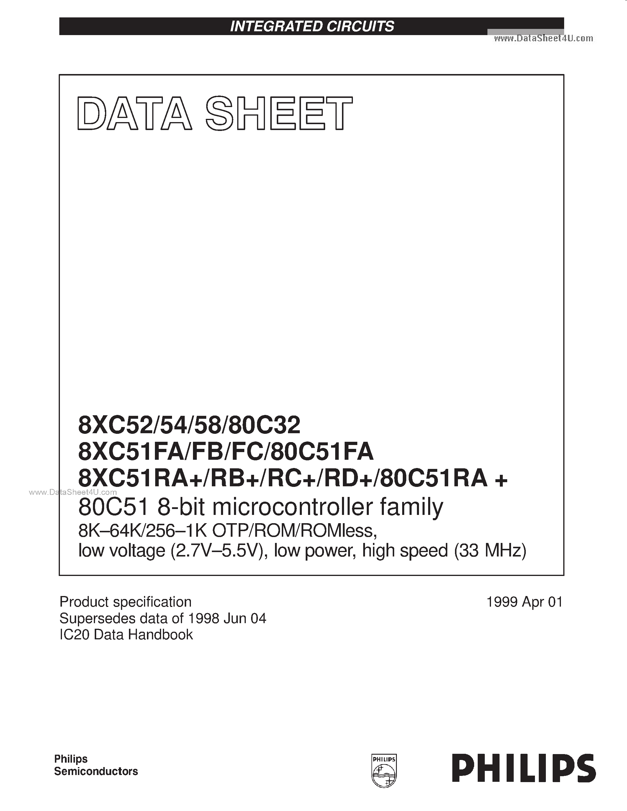 Datasheet 8XC80C32 - 8-bit CMOS page 1