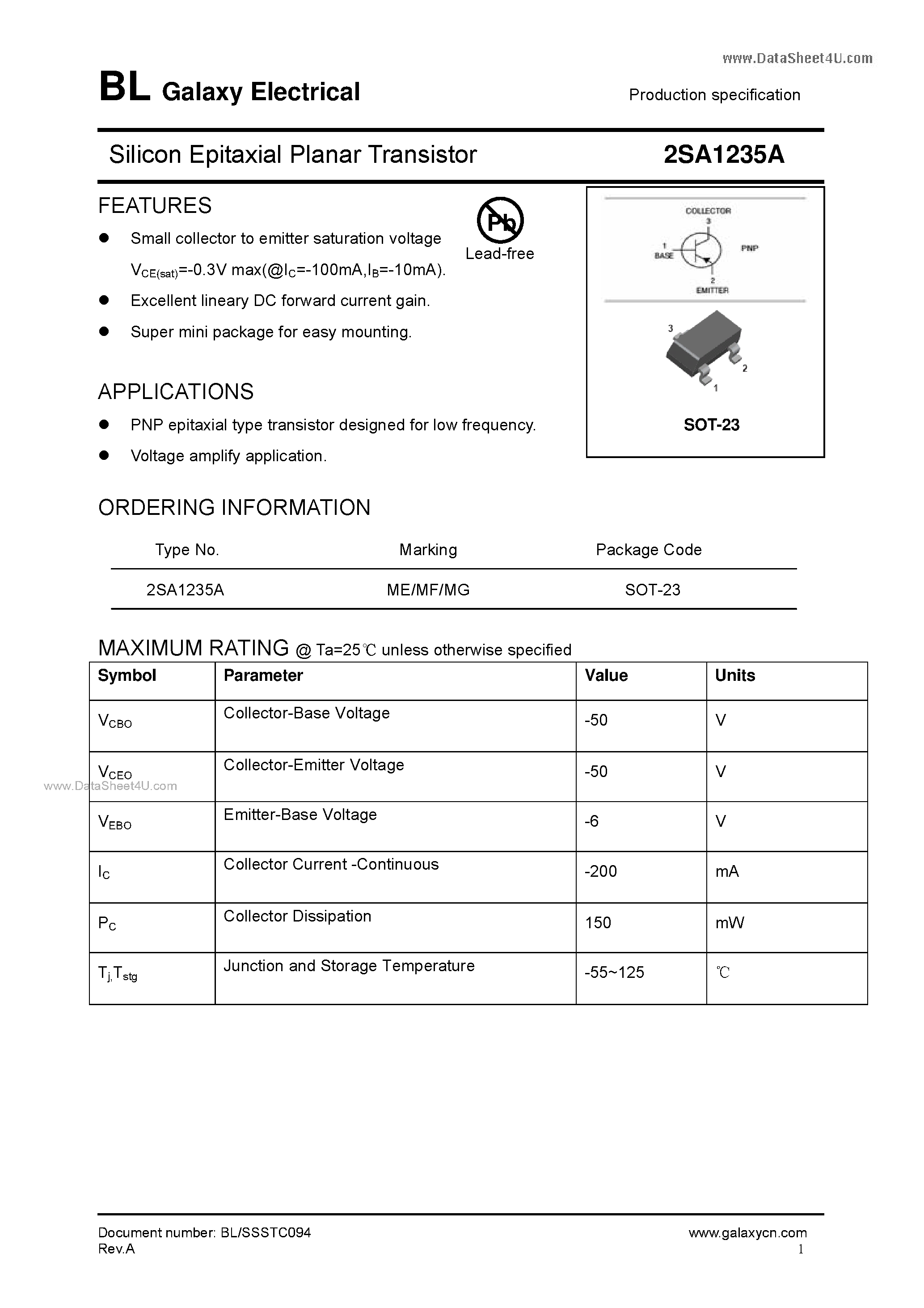 Datasheet 2SA1235A - Silicon Epitaxial Planar Transistor page 1
