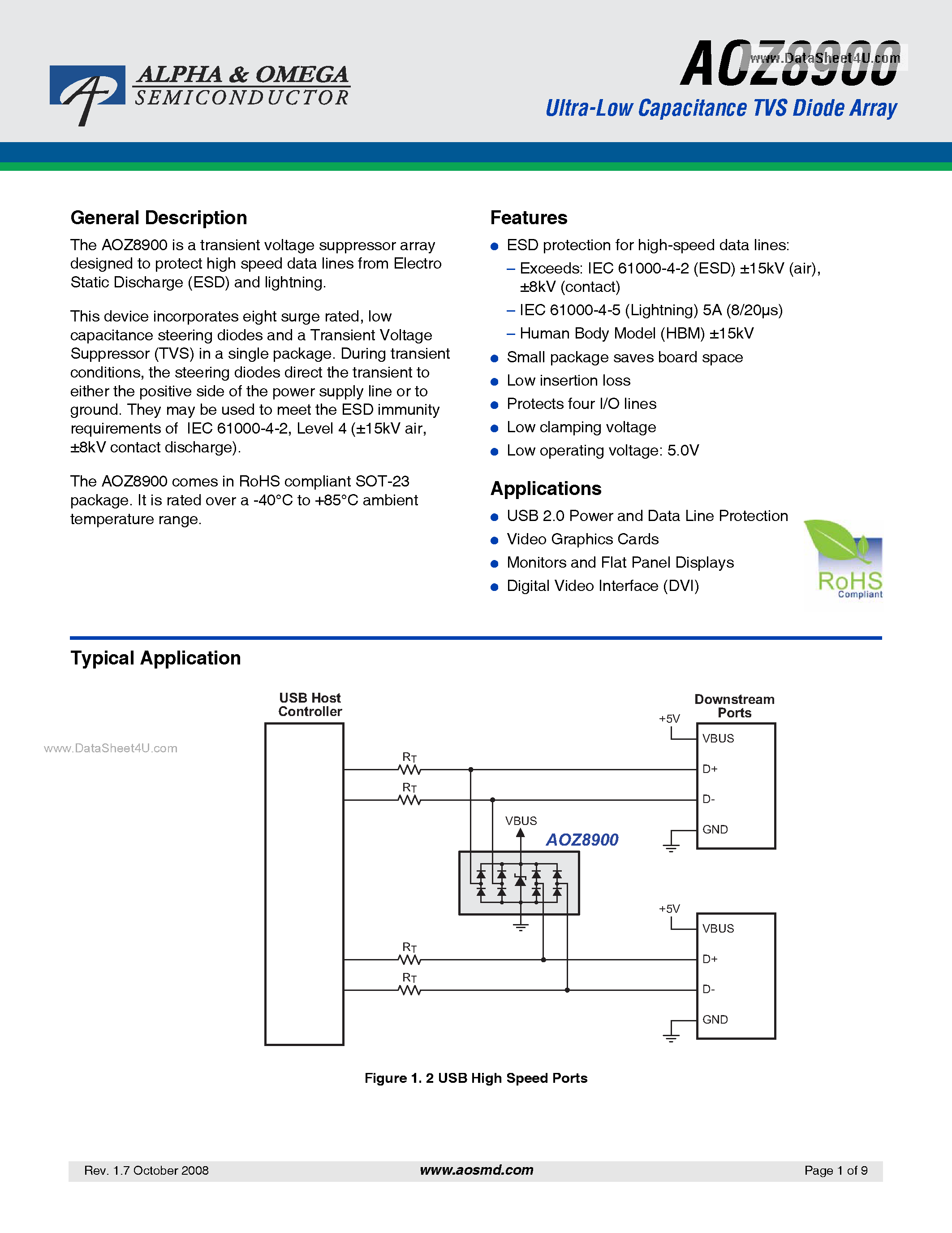 Datasheet AOZ8900 page 1 Datasheet AOZ8900 - Ultra-Low Capacitance TVS Diode Array page 1