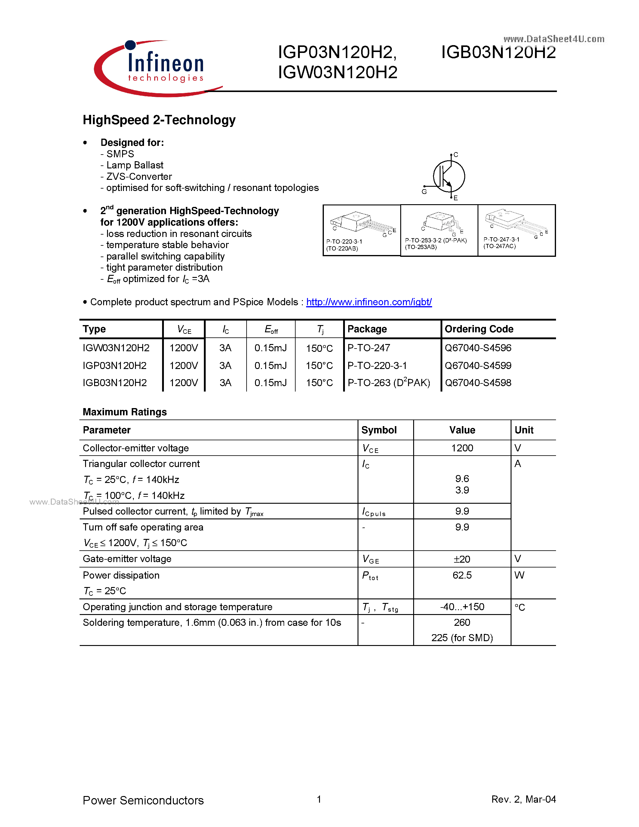 Datasheet IGW03N120H2 - HighSpeed 2-Technology page 1