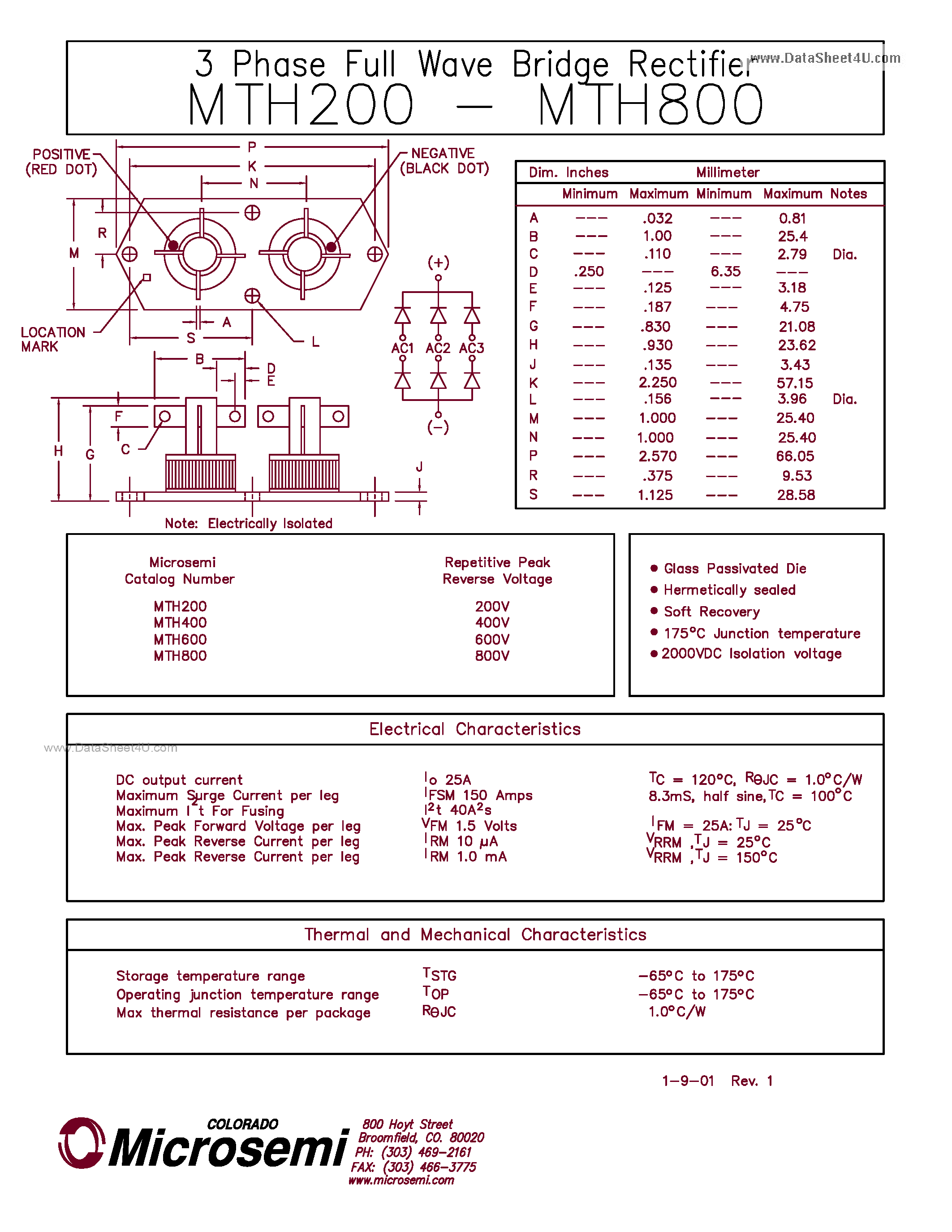 Datasheet MTH200 - (MTH200 - MTH800) 3 PHASE FULL WAVE BRIDGE RECTIFIER page 1