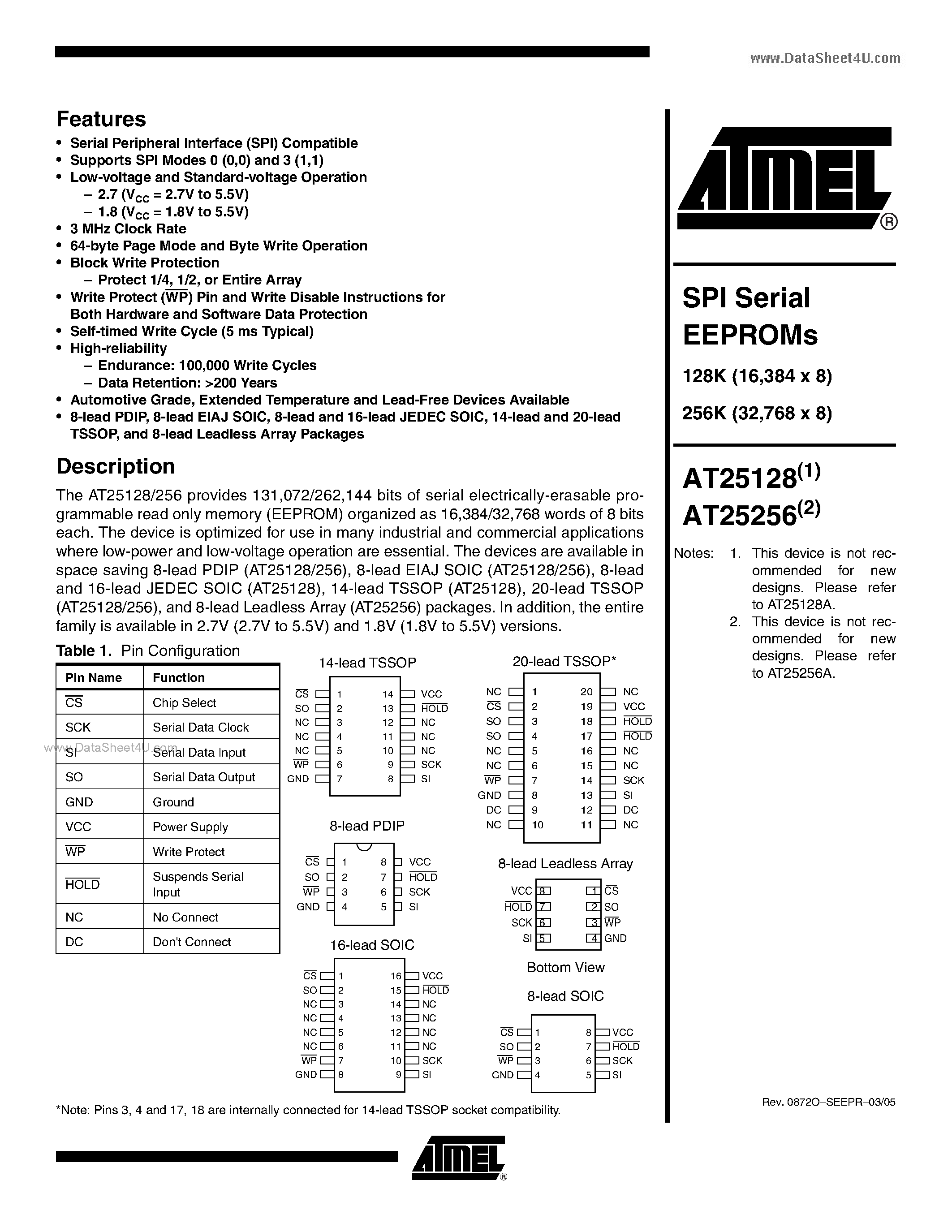 Datasheet ATMEL25256 - (ATMEL25128 / ATMEL25256) SPI Serial EEPROMs page 1