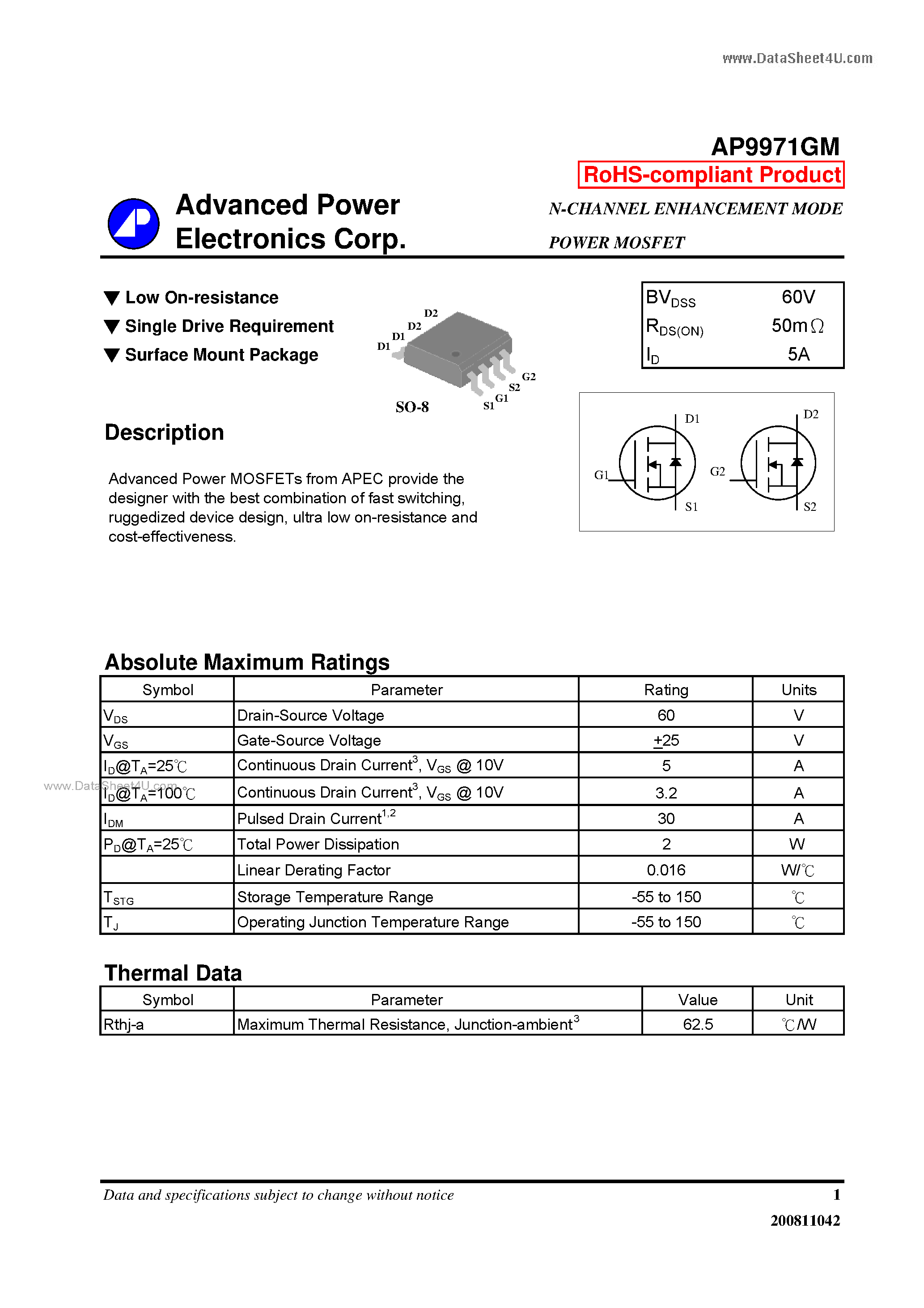Datasheet AP9971GM - N-CHANNEL ENHANCEMENT MODE POWER MOSFET page 1