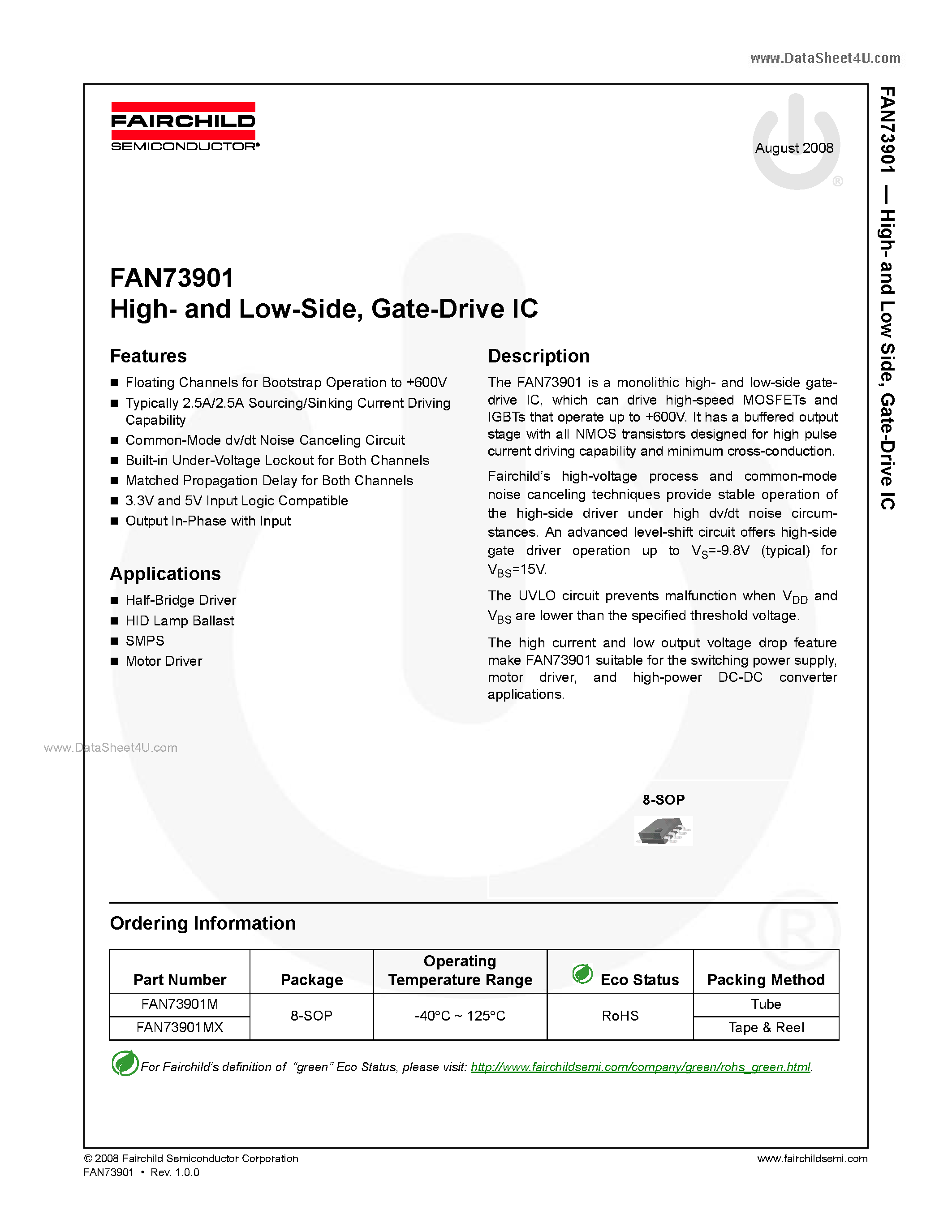 Даташит на микросхему FAN73901 страница 1 Даташит FAN73901 - Gate-Drive IC страница 1
