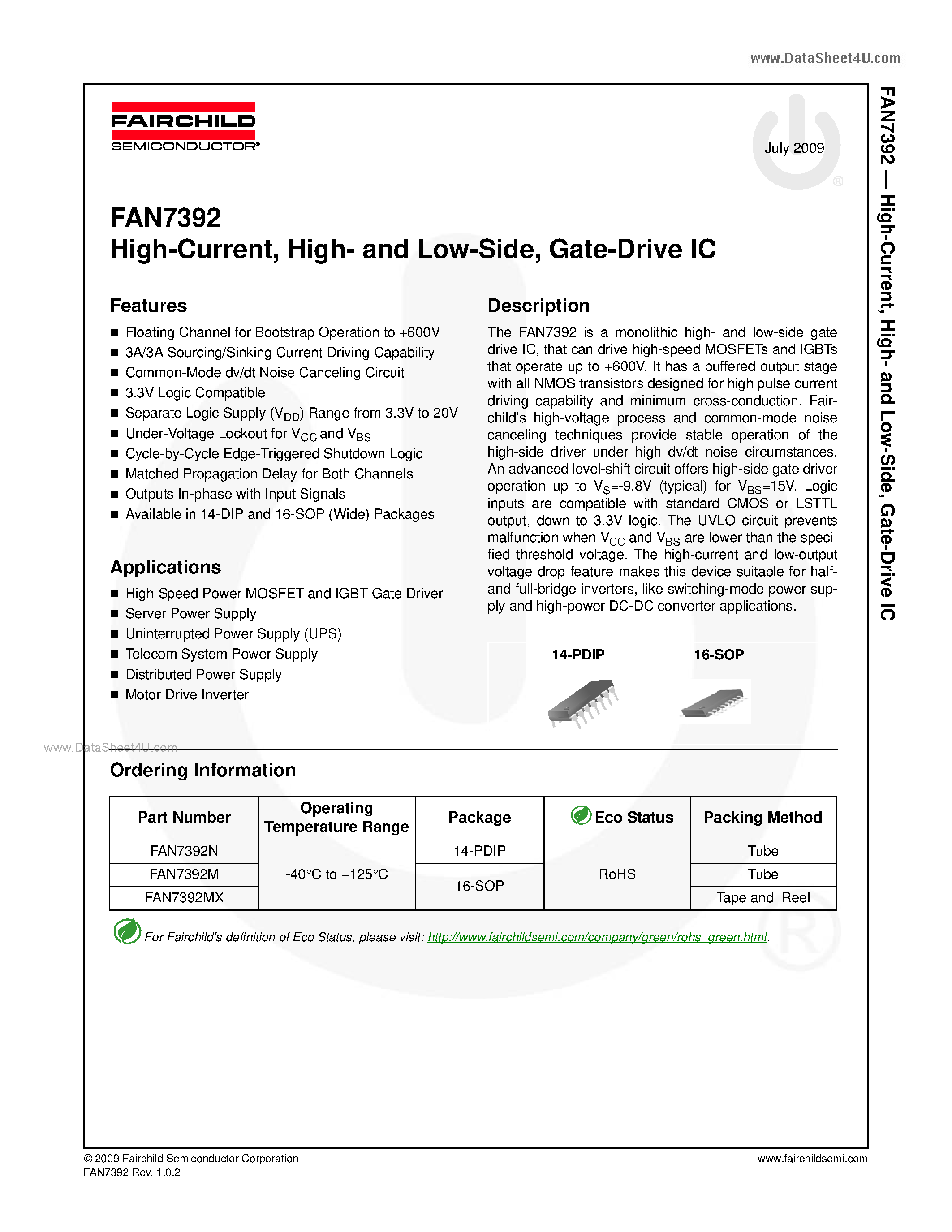 Даташит на микросхему FAN7392 страница 1 Даташит FAN7392 - Gate-Drive IC страница 1