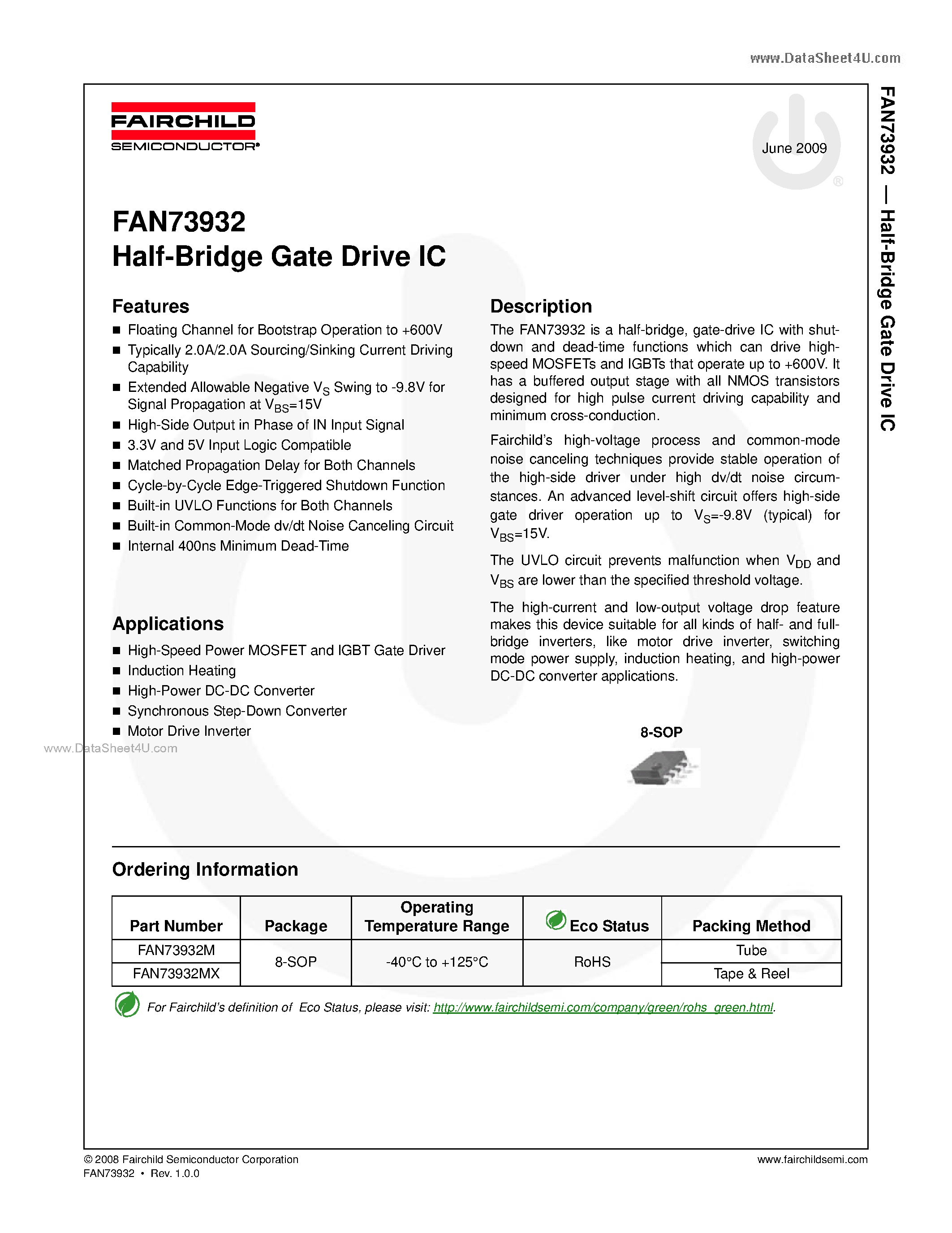 Даташит FAN73932 - Half-Bridge Gate Drive IC страница 1