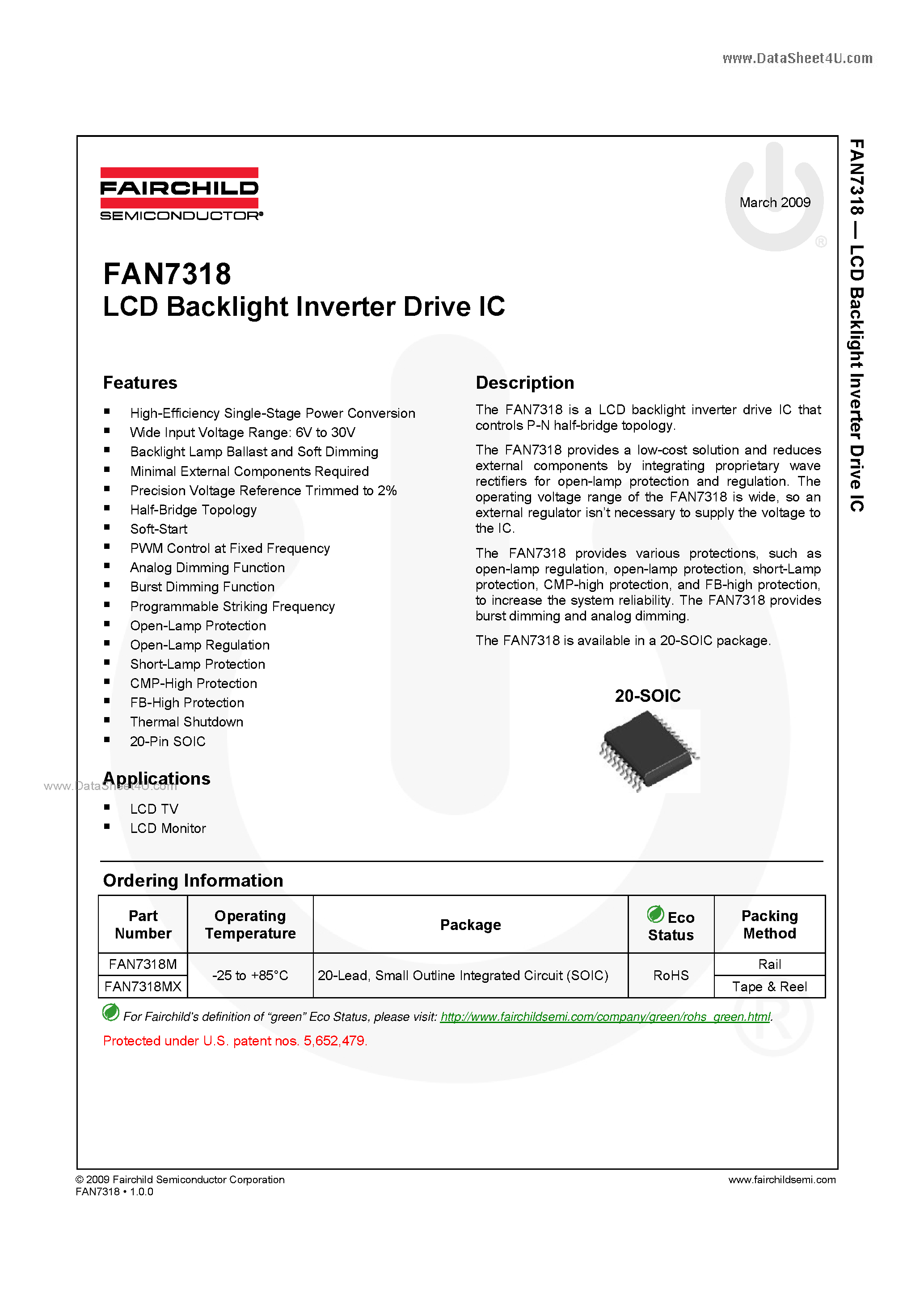 Даташит FAN7318 - LCD Backlight Inverter Drive IC страница 1