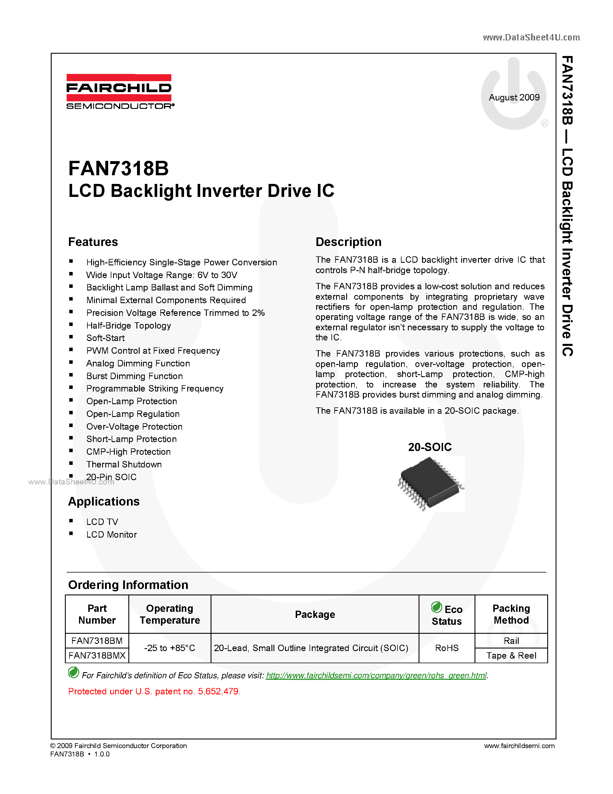 Даташит на микросхему FAN7318B страница 1 Даташит FAN7318B - LCD Backlight Inverter Drive IC страница 1