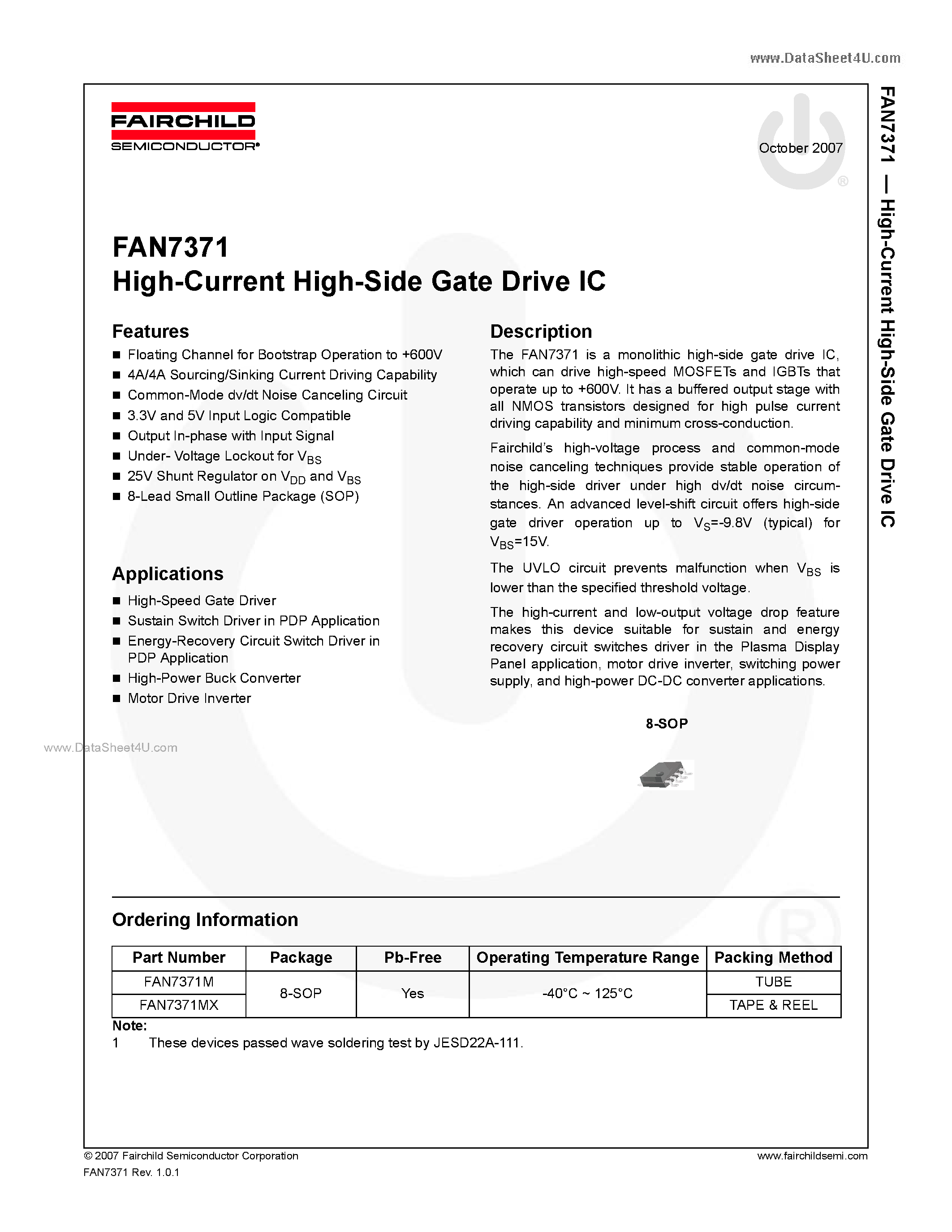 Даташит на микросхему FAN7371 страница 1 Даташит FAN7371 - High-Current High-Side Gate Drive IC страница 1