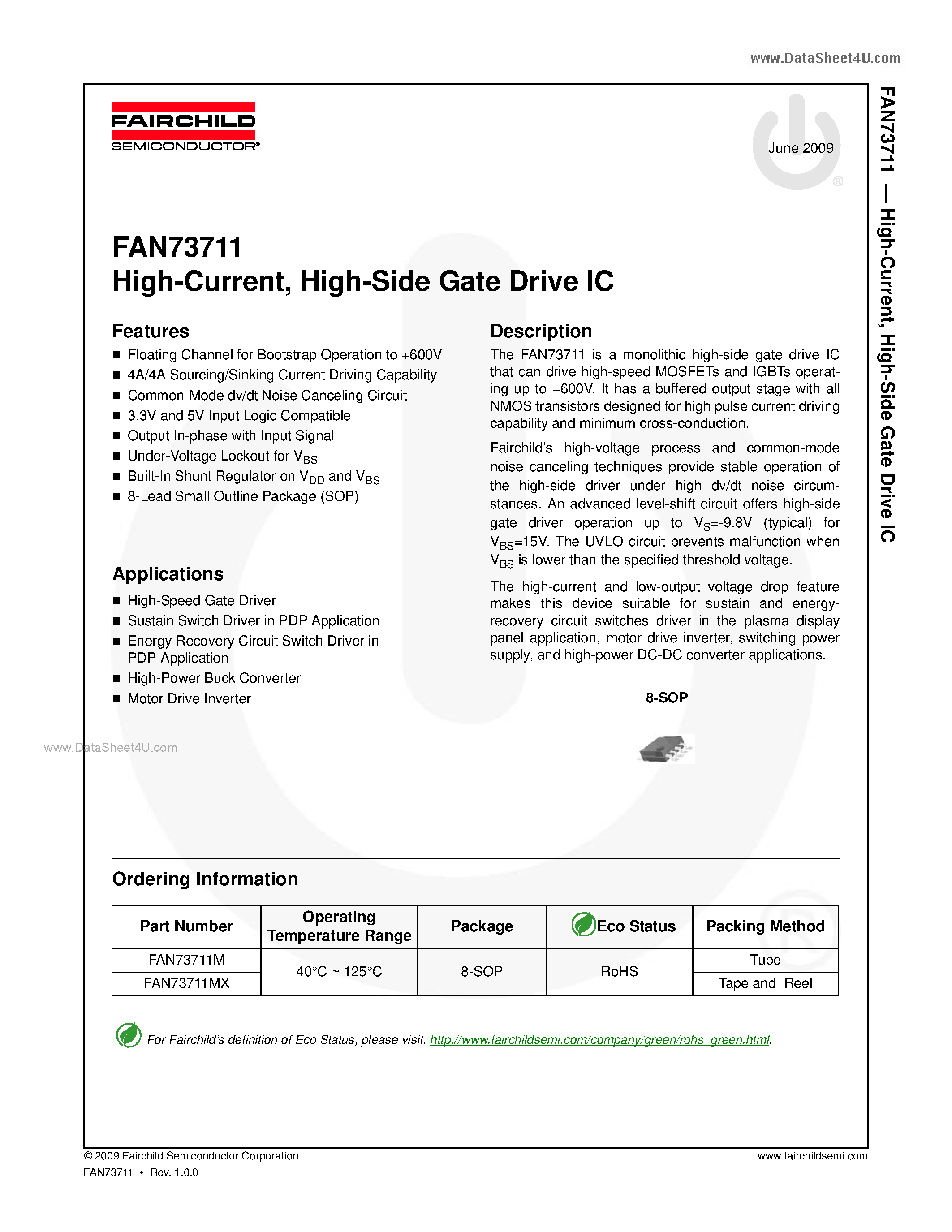 Даташит на микросхему FAN73711 страница 1 Даташит FAN73711 - High-Current High-Side Gate Drive IC страница 1