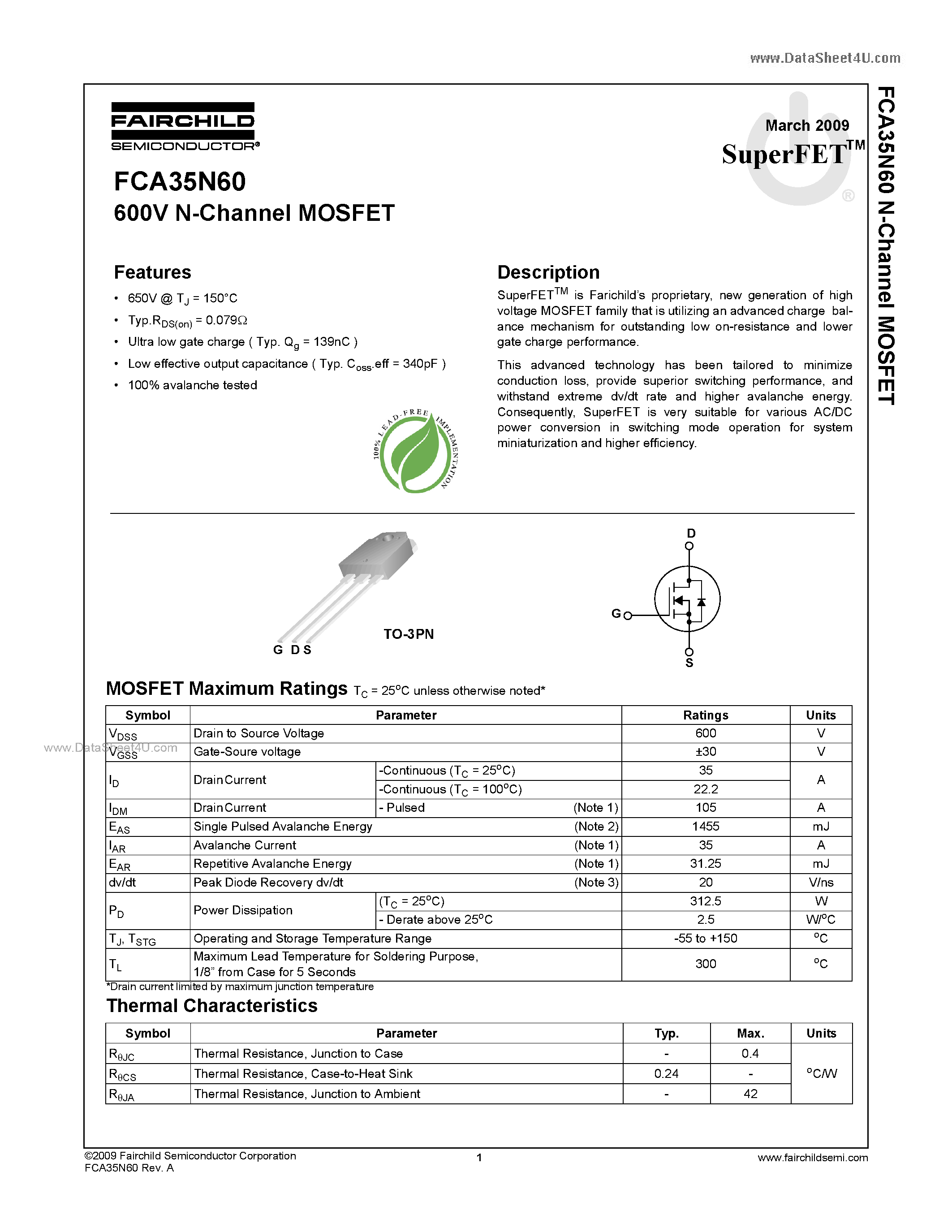 Datasheet FCA35N60 - 600V N-Channel MOSFET page 1
