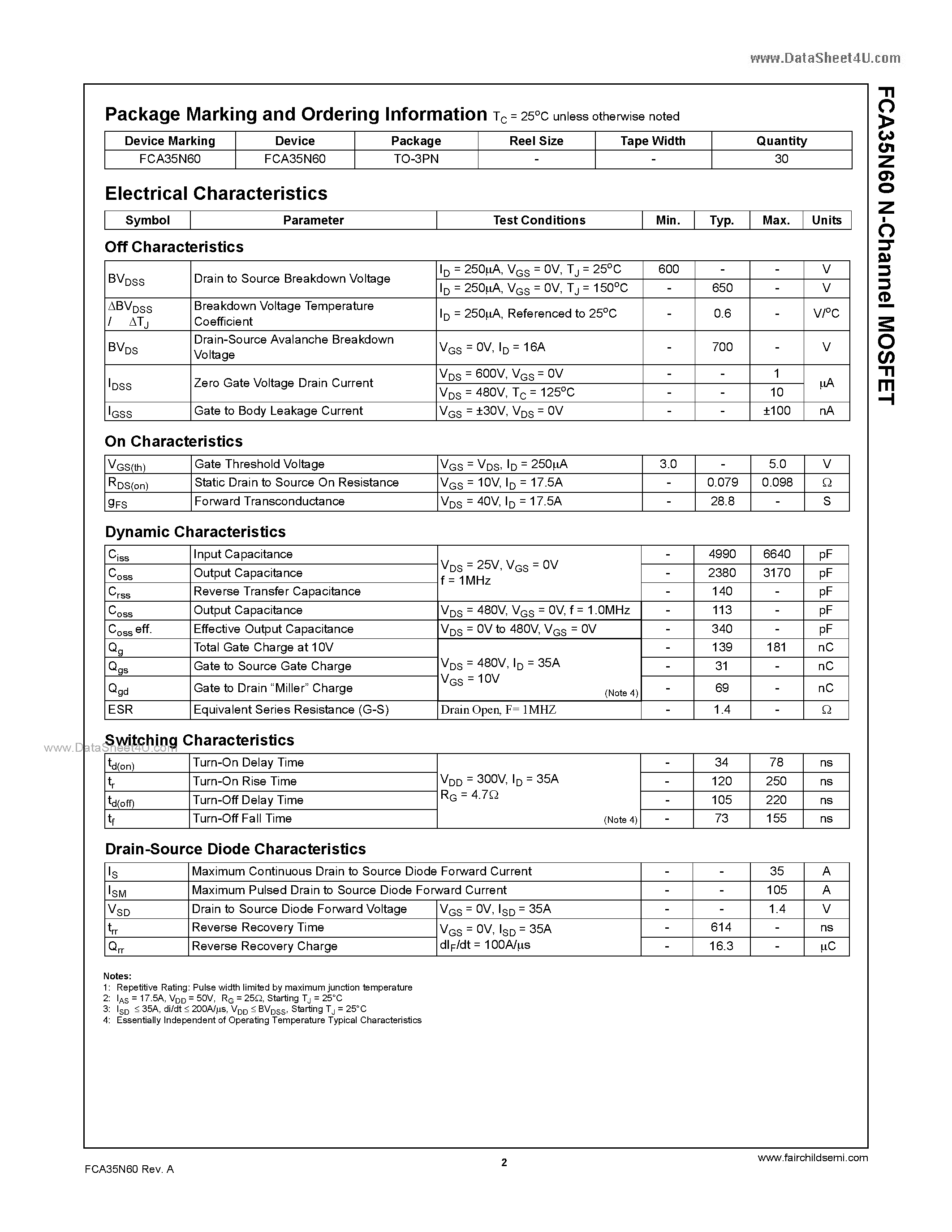 Datasheet FCA35N60 - 600V N-Channel MOSFET page 2